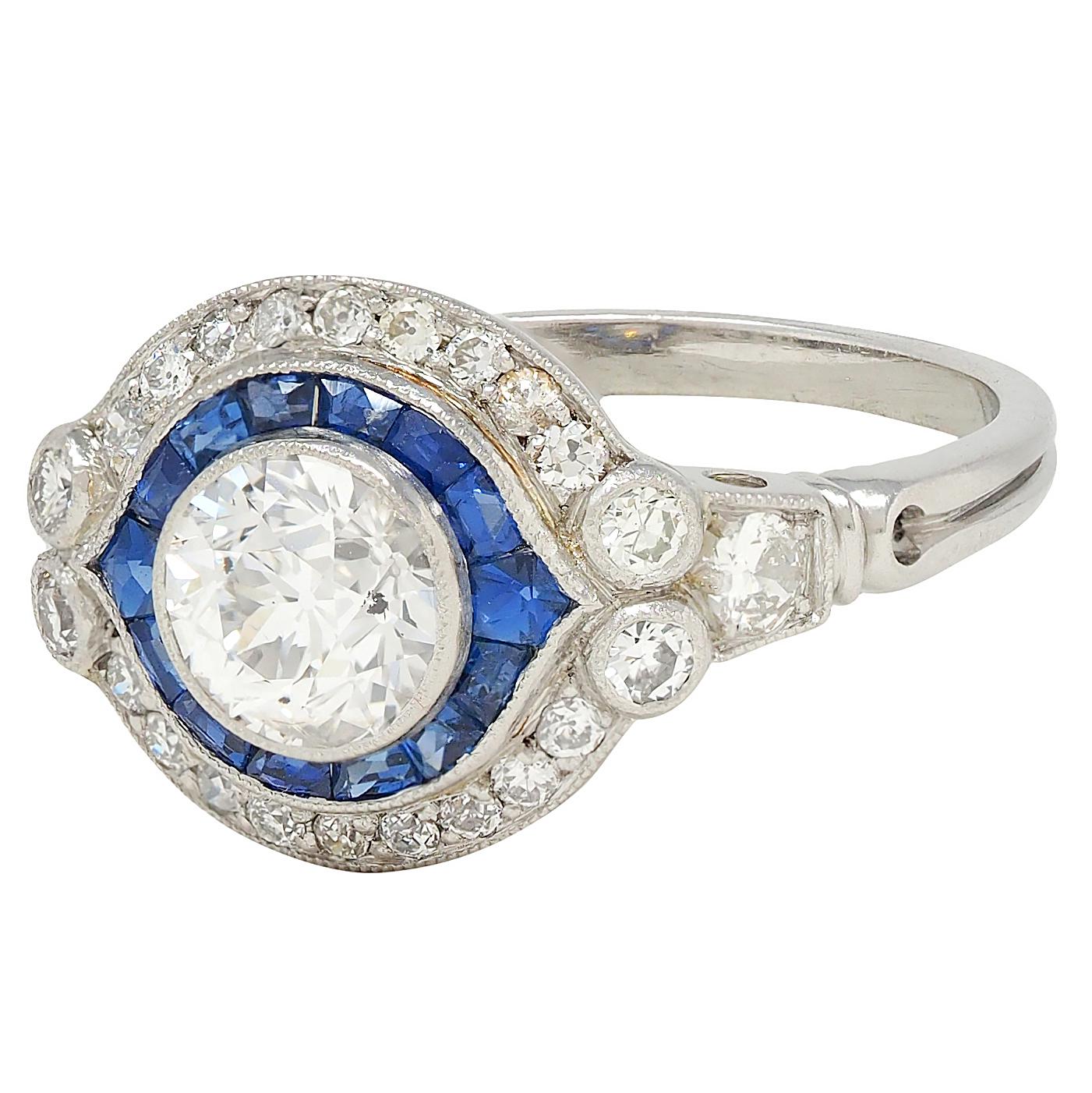 Art Deco Old European Diamond Sapphire Platinum Vintage Halo Engagement Ring
