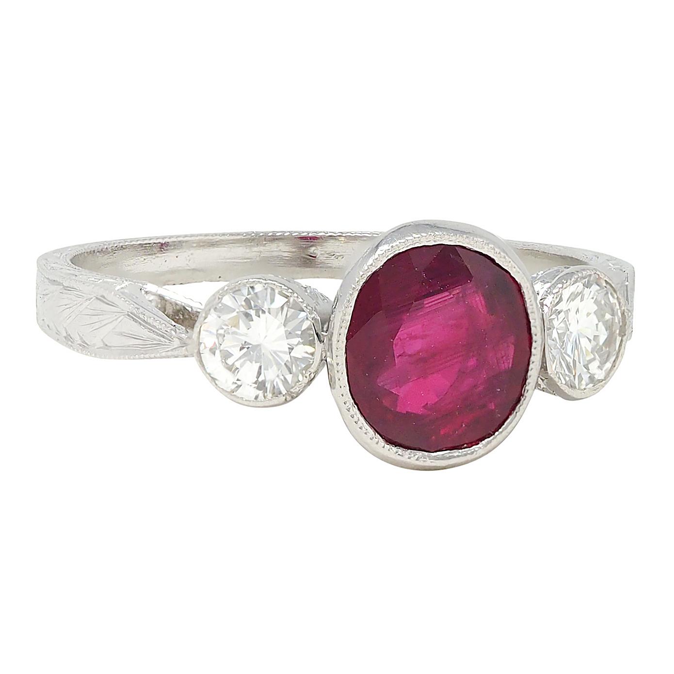 Contemporary 1.53 CTW Ruby Diamond Platinum Vintage Three Stone Ring