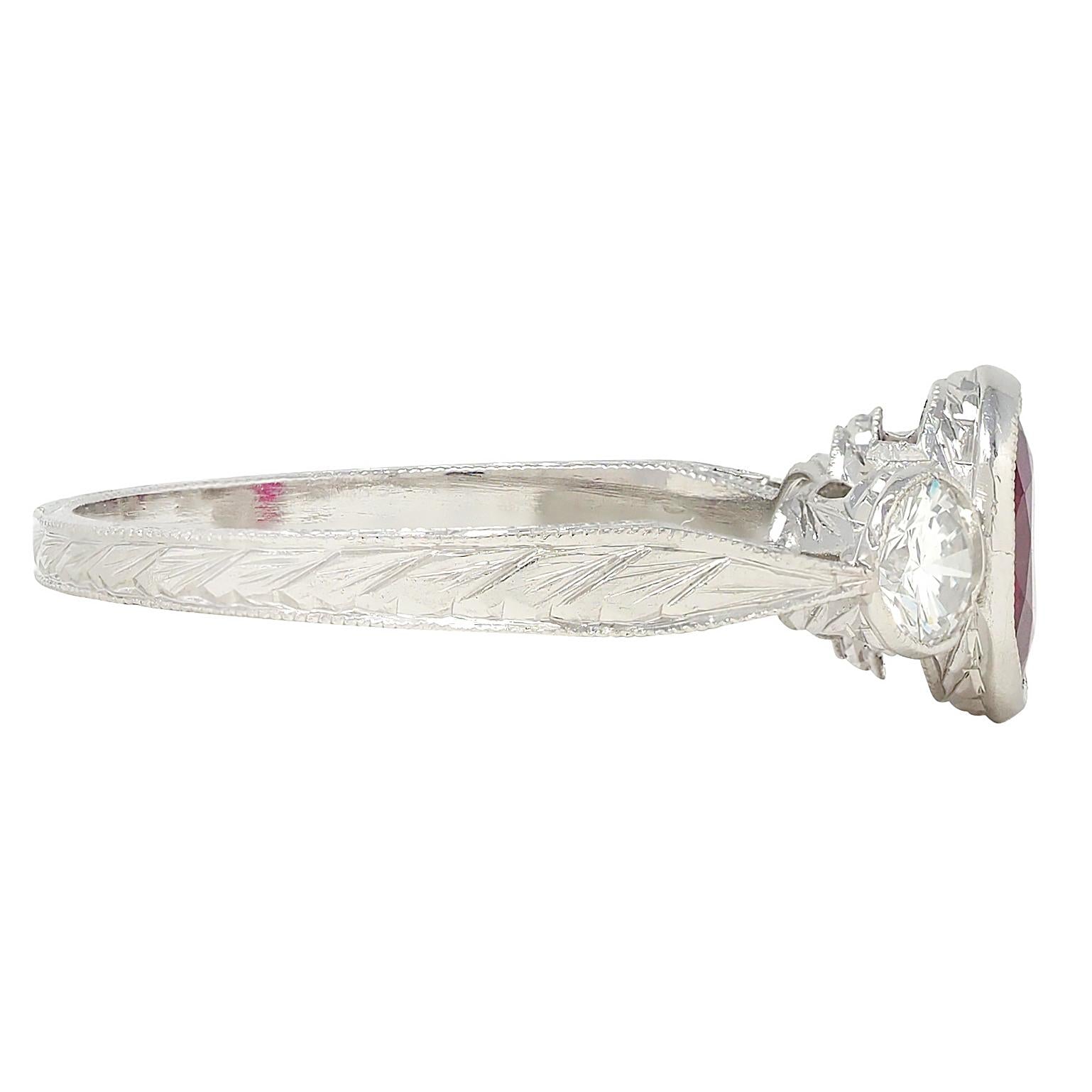 Contemporary 1.53 CTW Ruby Diamond Platinum Vintage Three Stone Ring