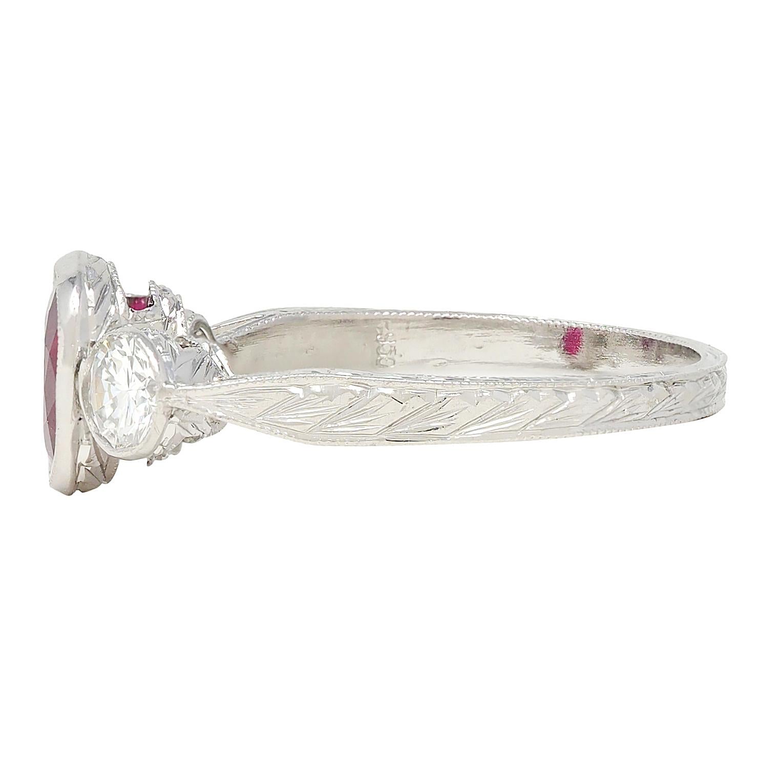 Contemporary 1.53 CTW Ruby Diamond Platinum Vintage Three Stone Ring