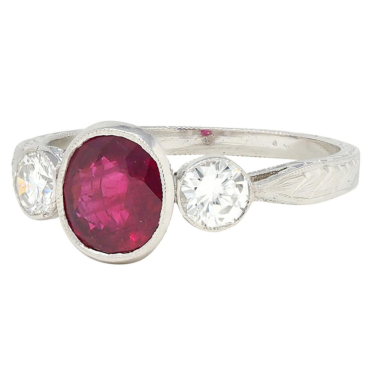 Contemporary 1.53 CTW Ruby Diamond Platinum Vintage Three Stone Ring