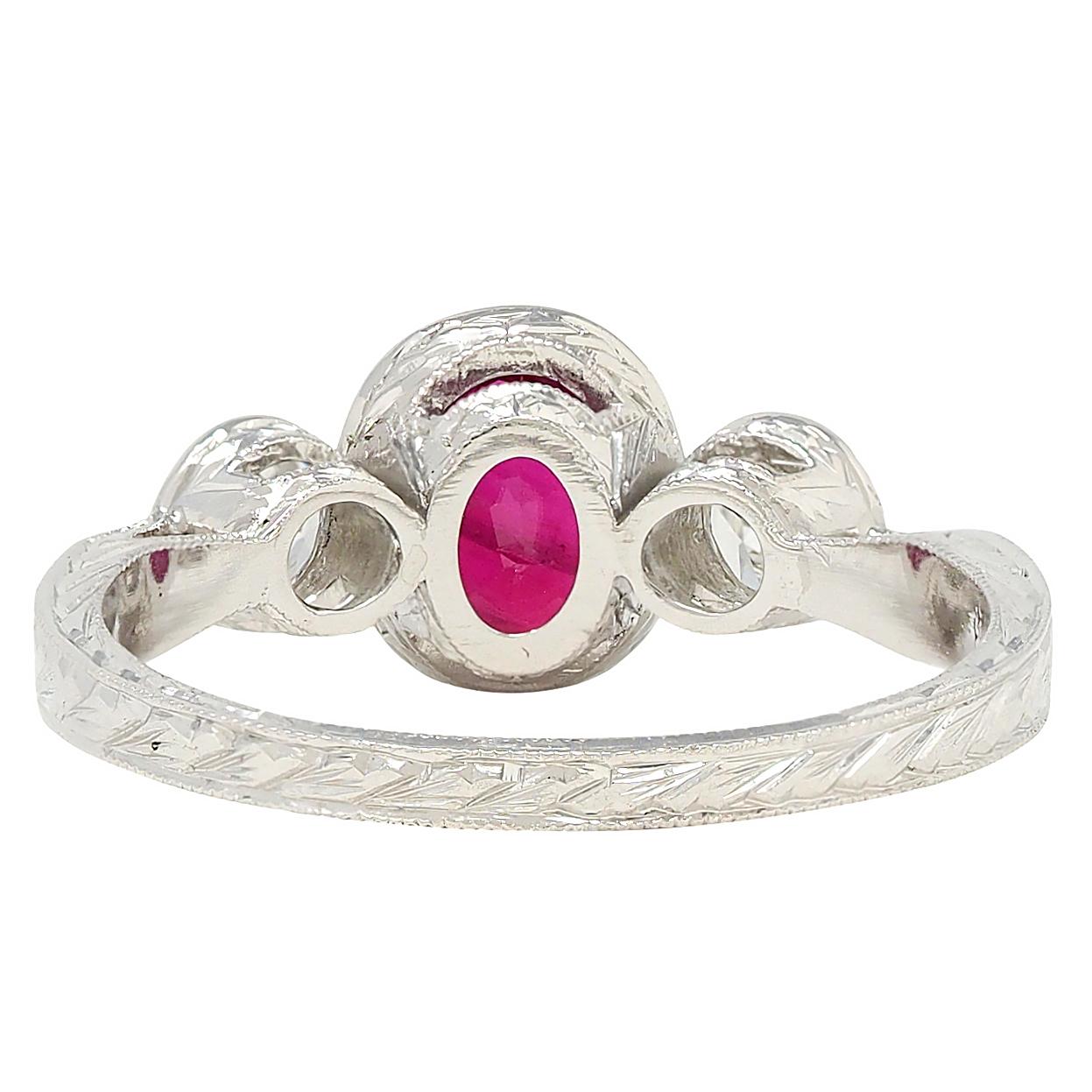 Contemporary 1.53 CTW Ruby Diamond Platinum Vintage Three Stone Ring