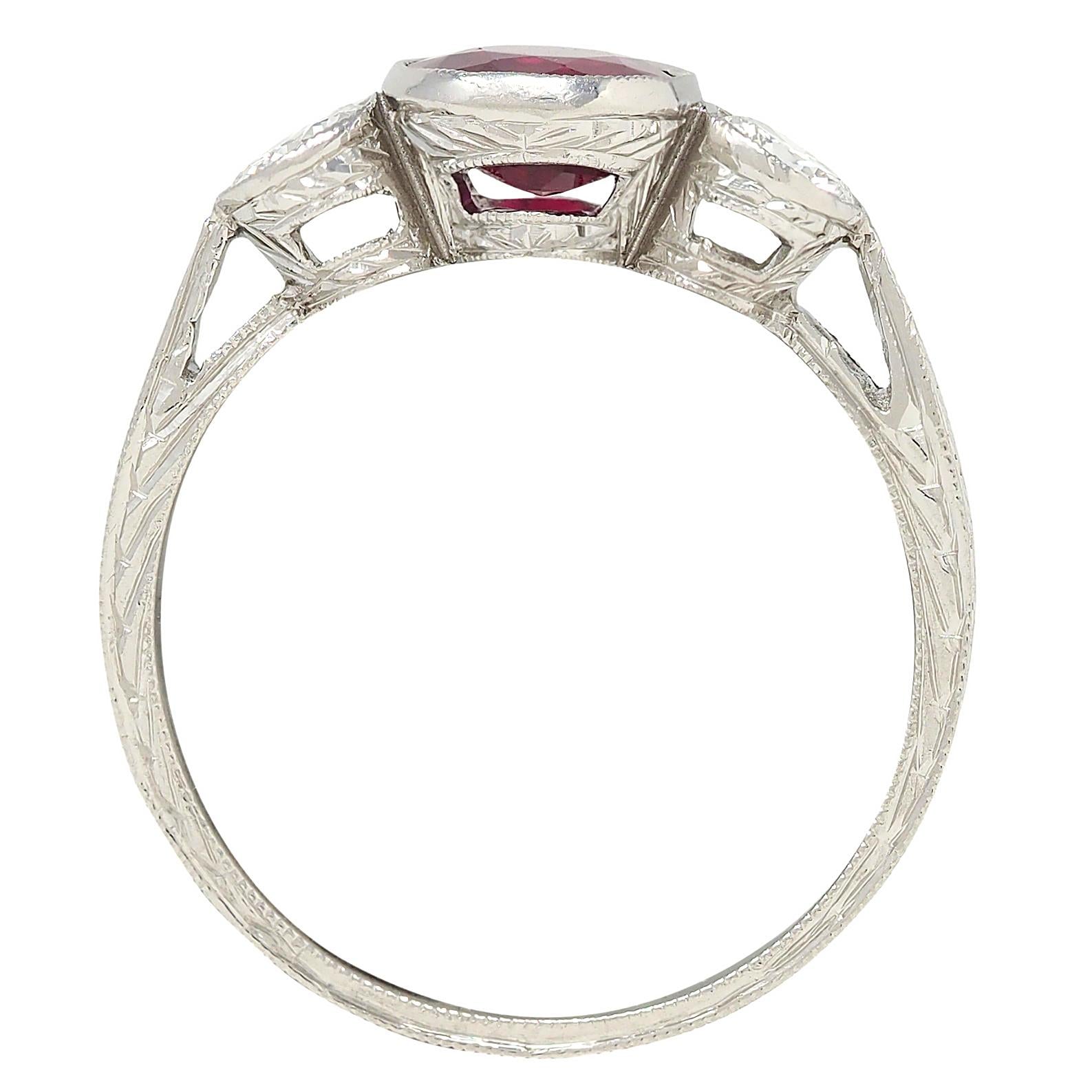 Contemporary 1.53 CTW Ruby Diamond Platinum Vintage Three Stone Ring