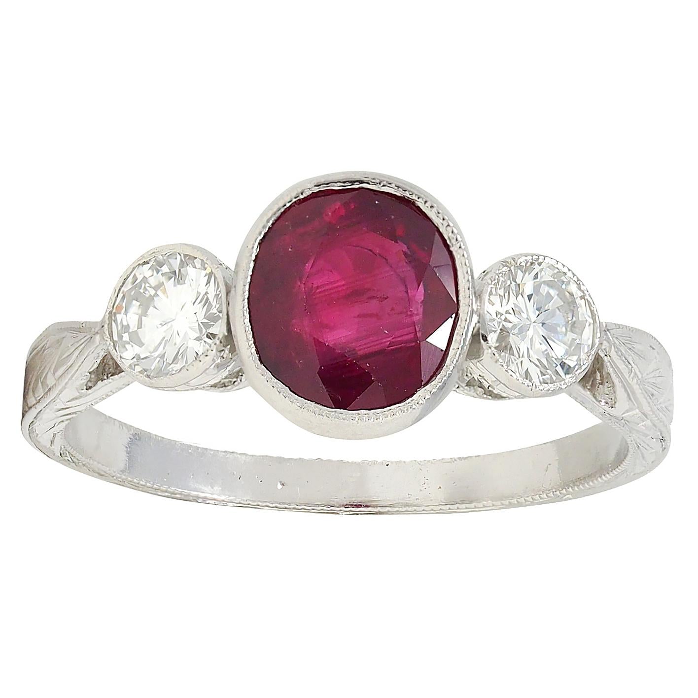 Contemporary 1.53 CTW Ruby Diamond Platinum Vintage Three Stone Ring