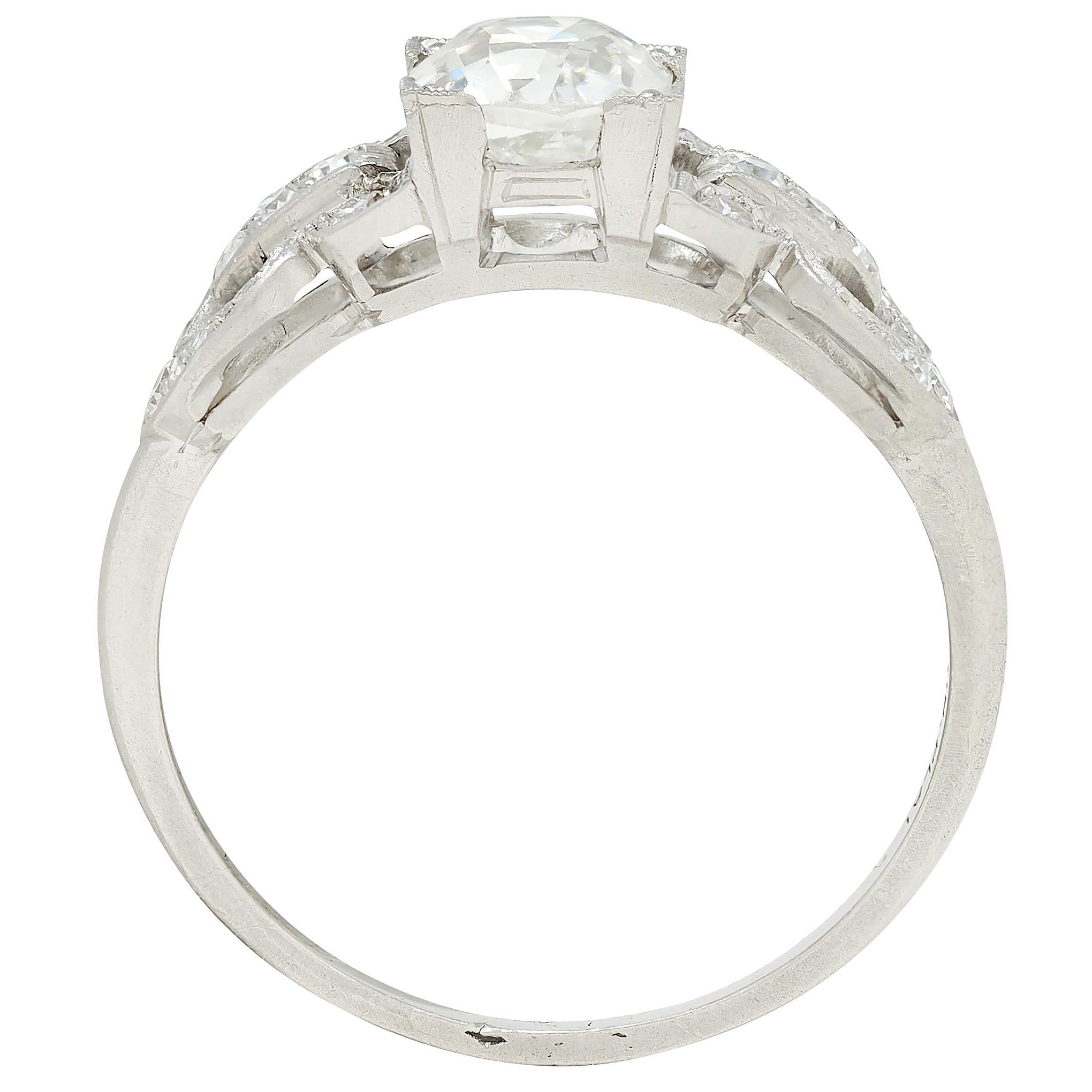 Art Deco 1.56 CTW Old Mine Cut Diamond Platinum Vintage Buckle Engagement Ring