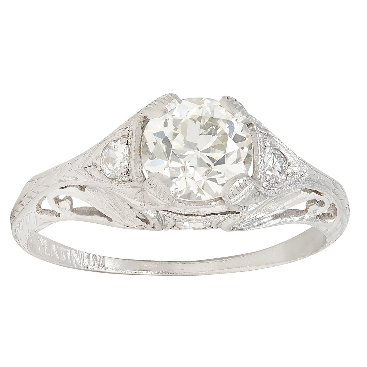 Edwardian 1.30 CTW Old European Diamond Platinum Antique Foliate Engagement Ring