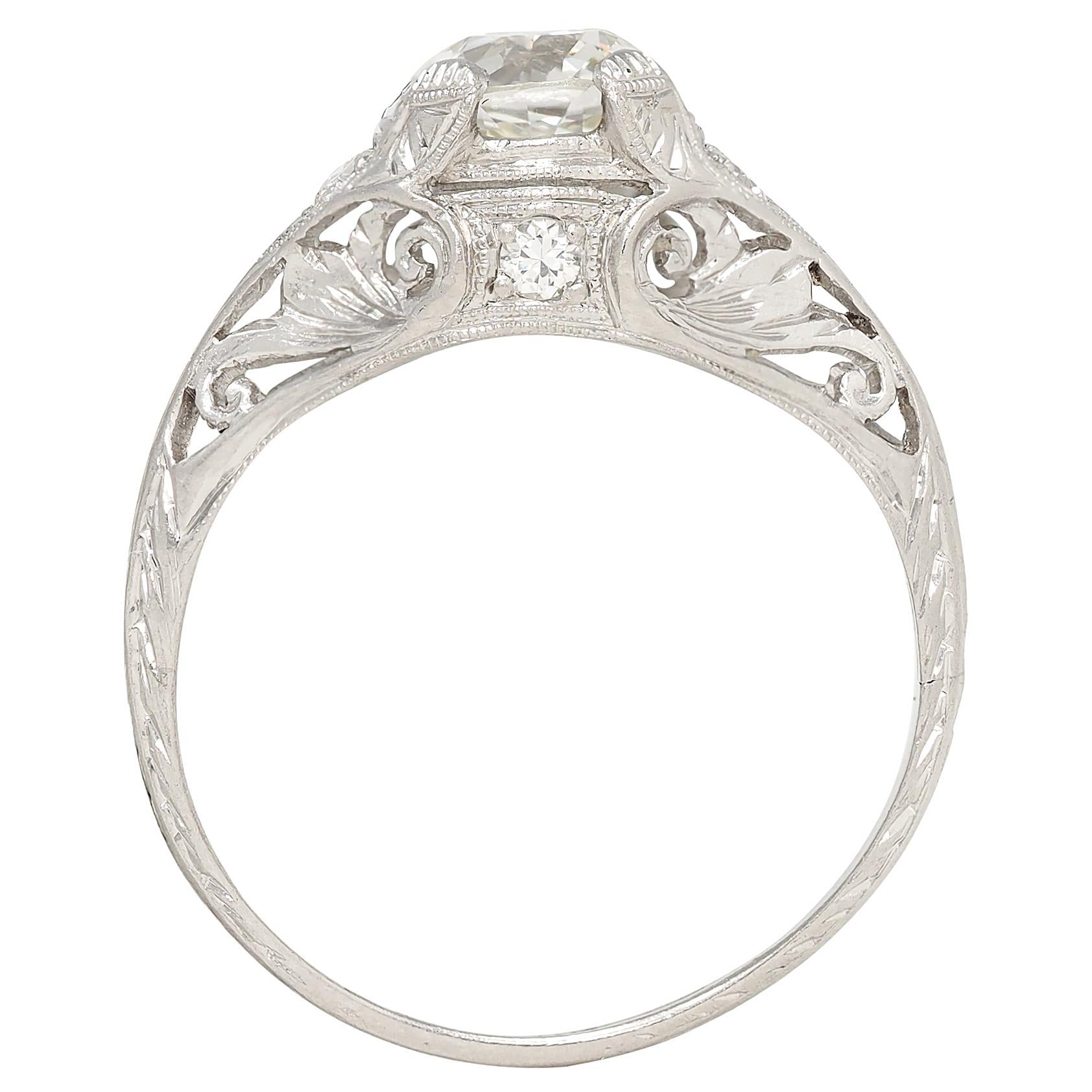 Edwardian 1.30 CTW Old European Diamond Platinum Antique Foliate Engagement Ring