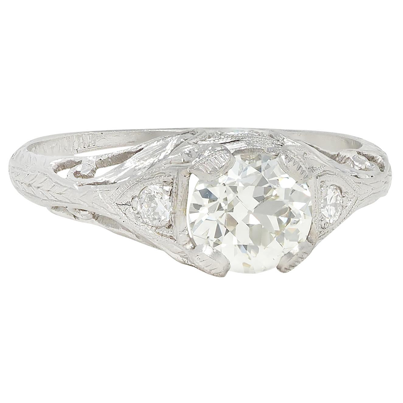 Edwardian 1.30 CTW Old European Diamond Platinum Antique Foliate Engagement Ring