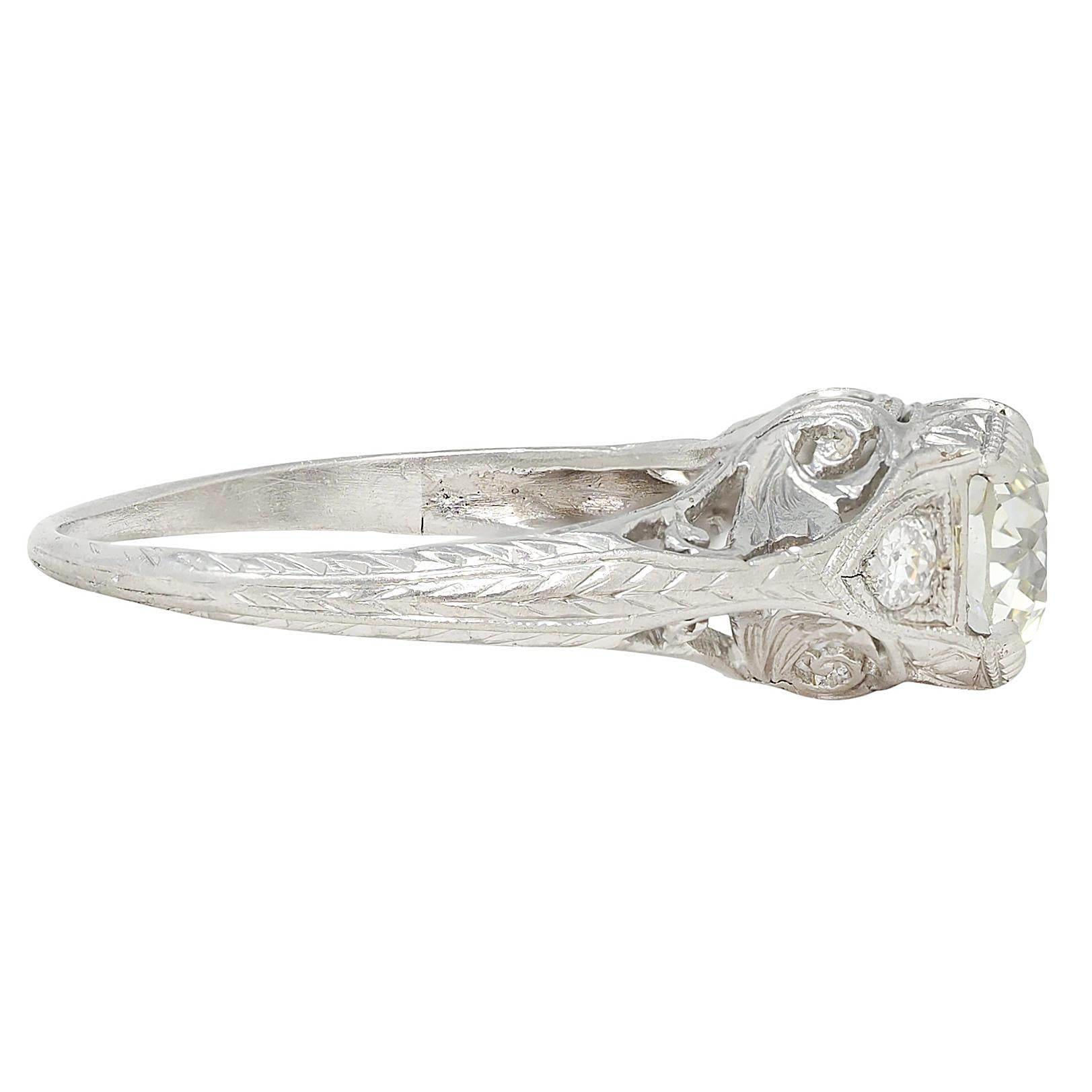 Edwardian 1.30 CTW Old European Diamond Platinum Antique Foliate Engagement Ring