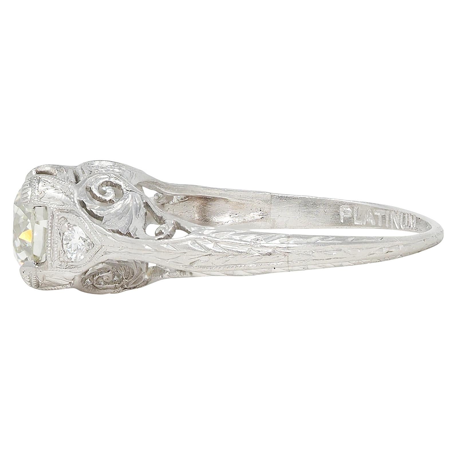 Edwardian 1.30 CTW Old European Diamond Platinum Antique Foliate Engagement Ring