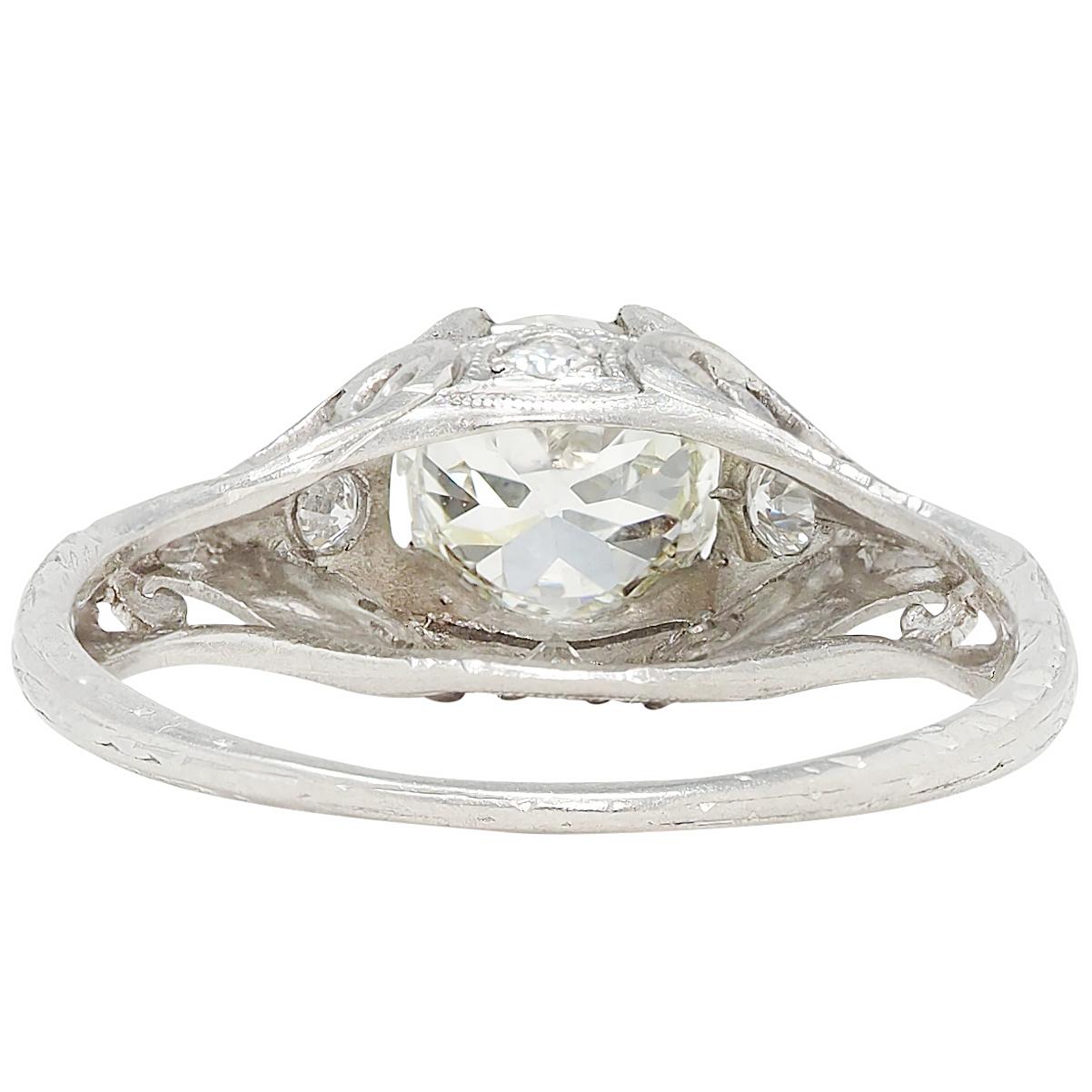 Edwardian 1.30 CTW Old European Diamond Platinum Antique Foliate Engagement Ring