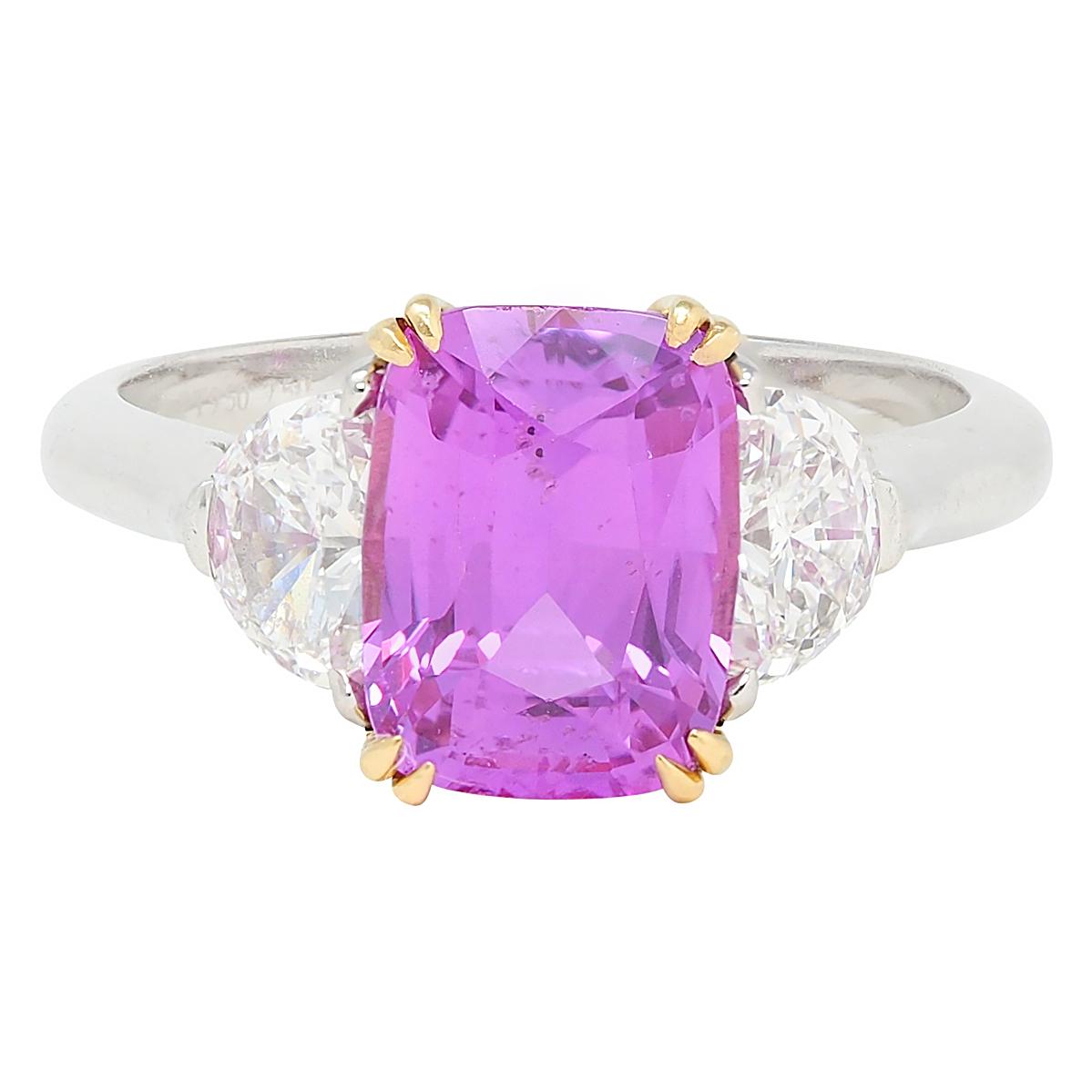 4.03 CTW No Heat Pink Sapphire Diamond Platinum 18K Gold Three Stone Ring