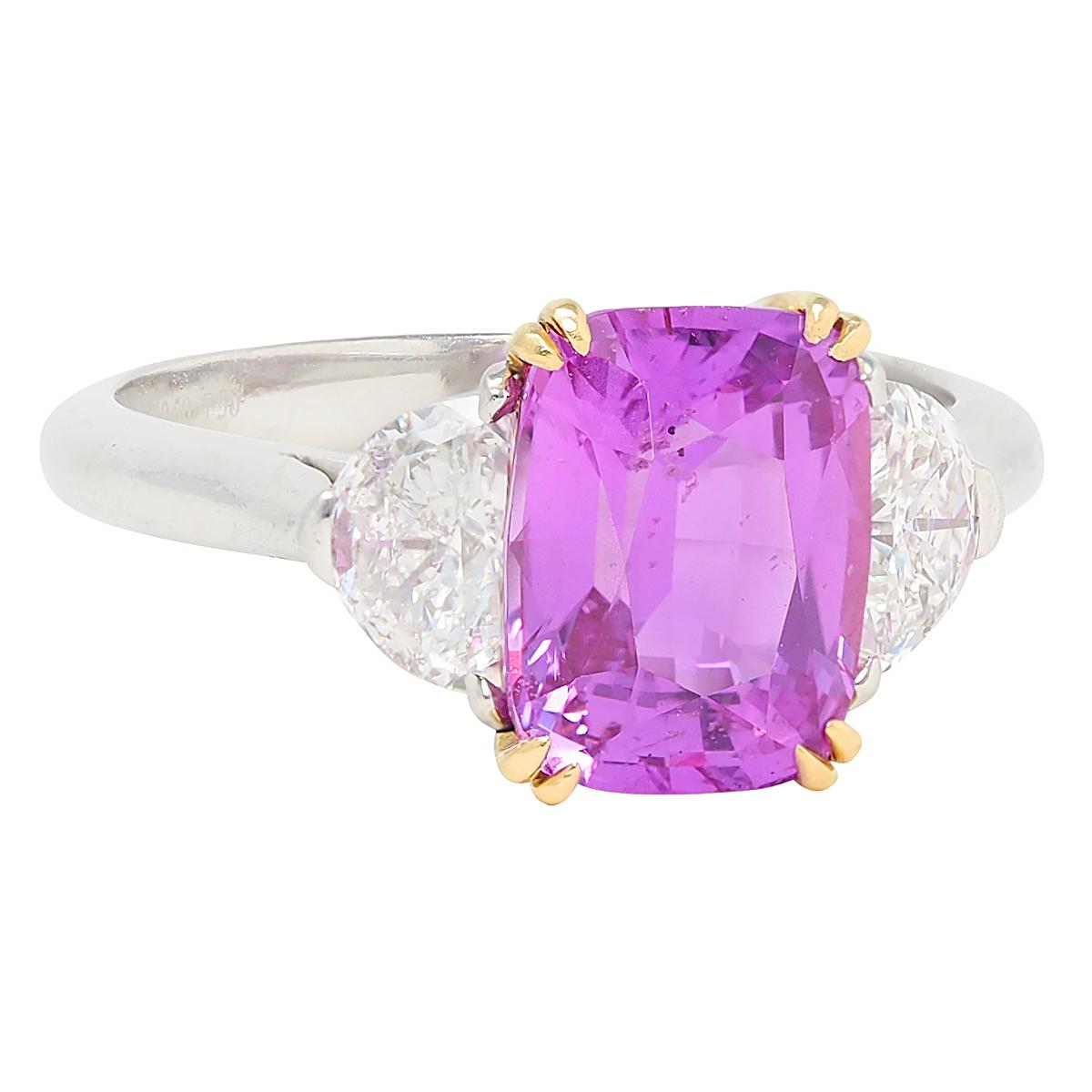 4.03 CTW No Heat Pink Sapphire Diamond Platinum 18K Gold Three Stone Ring