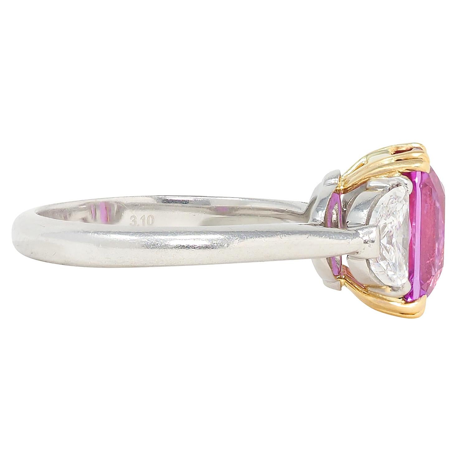 4.03 CTW No Heat Pink Sapphire Diamond Platinum 18K Gold Three Stone Ring