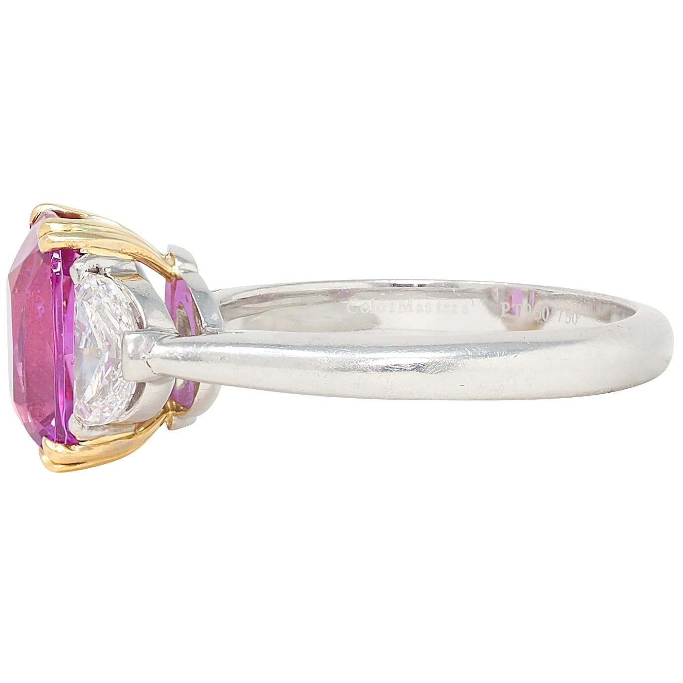 4.03 CTW No Heat Pink Sapphire Diamond Platinum 18K Gold Three Stone Ring