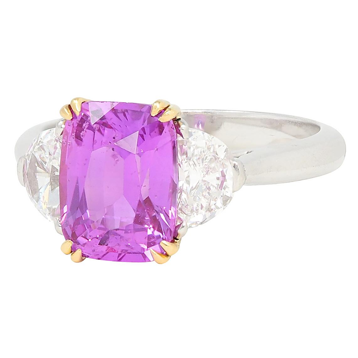 4.03 CTW No Heat Pink Sapphire Diamond Platinum 18K Gold Three Stone Ring