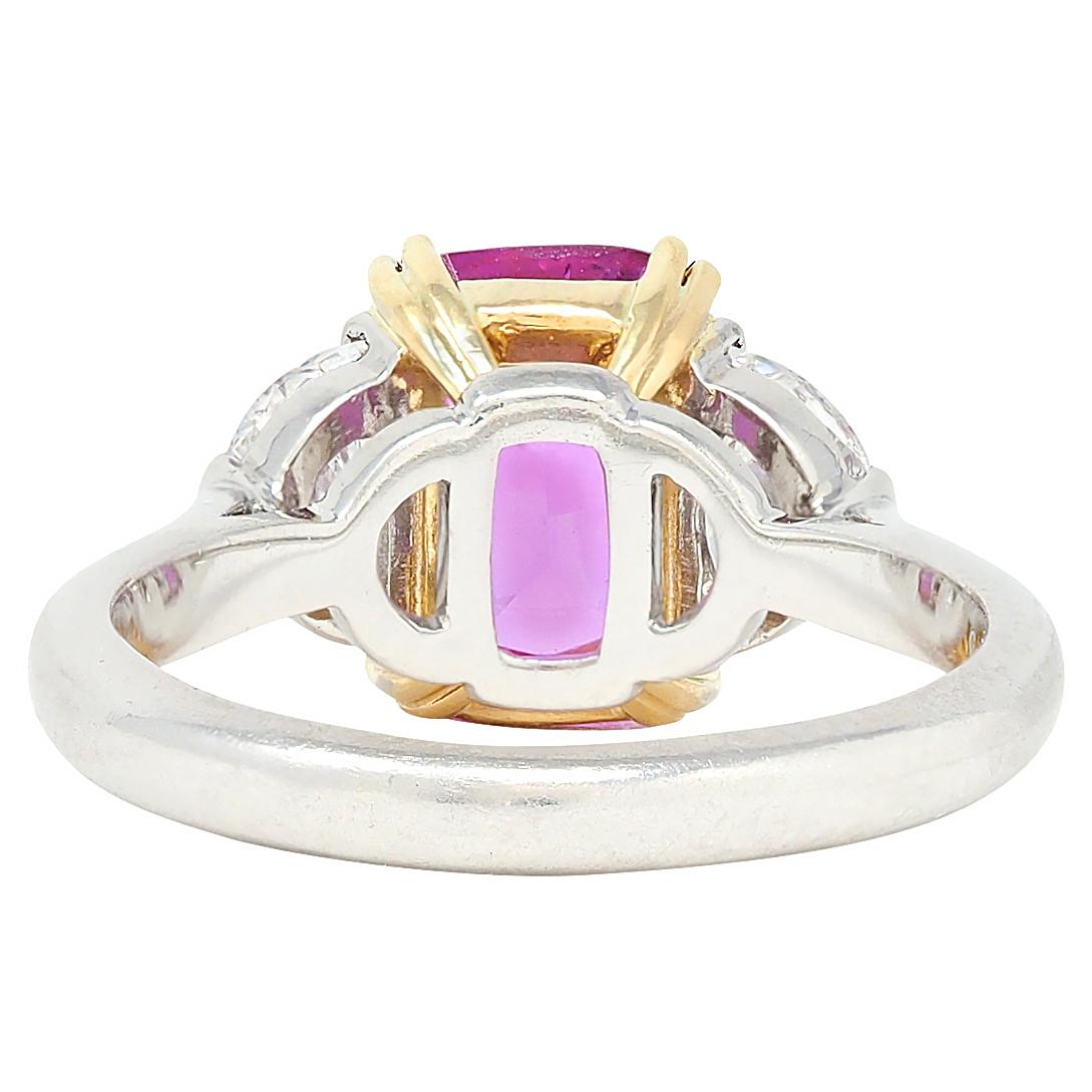 4.03 CTW No Heat Pink Sapphire Diamond Platinum 18K Gold Three Stone Ring