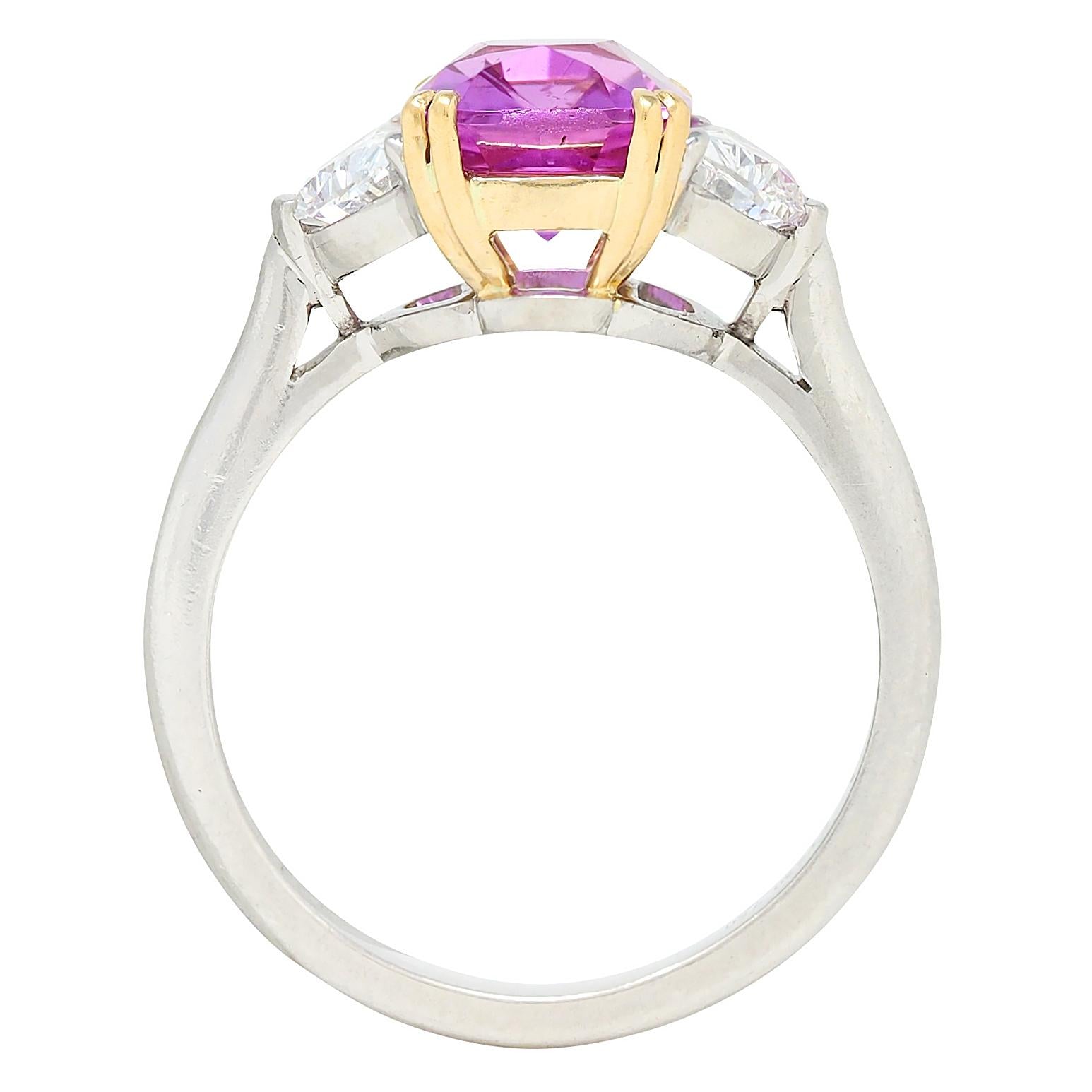 4.03 CTW No Heat Pink Sapphire Diamond Platinum 18K Gold Three Stone Ring