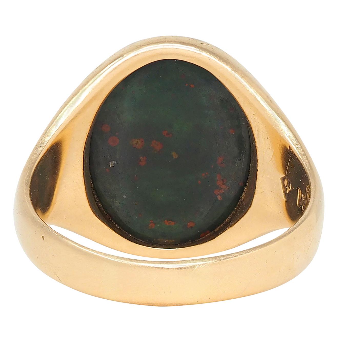 Late Victorian Bloodstone 14K Yellow Gold Antique Heraldic Crest Signet Ring