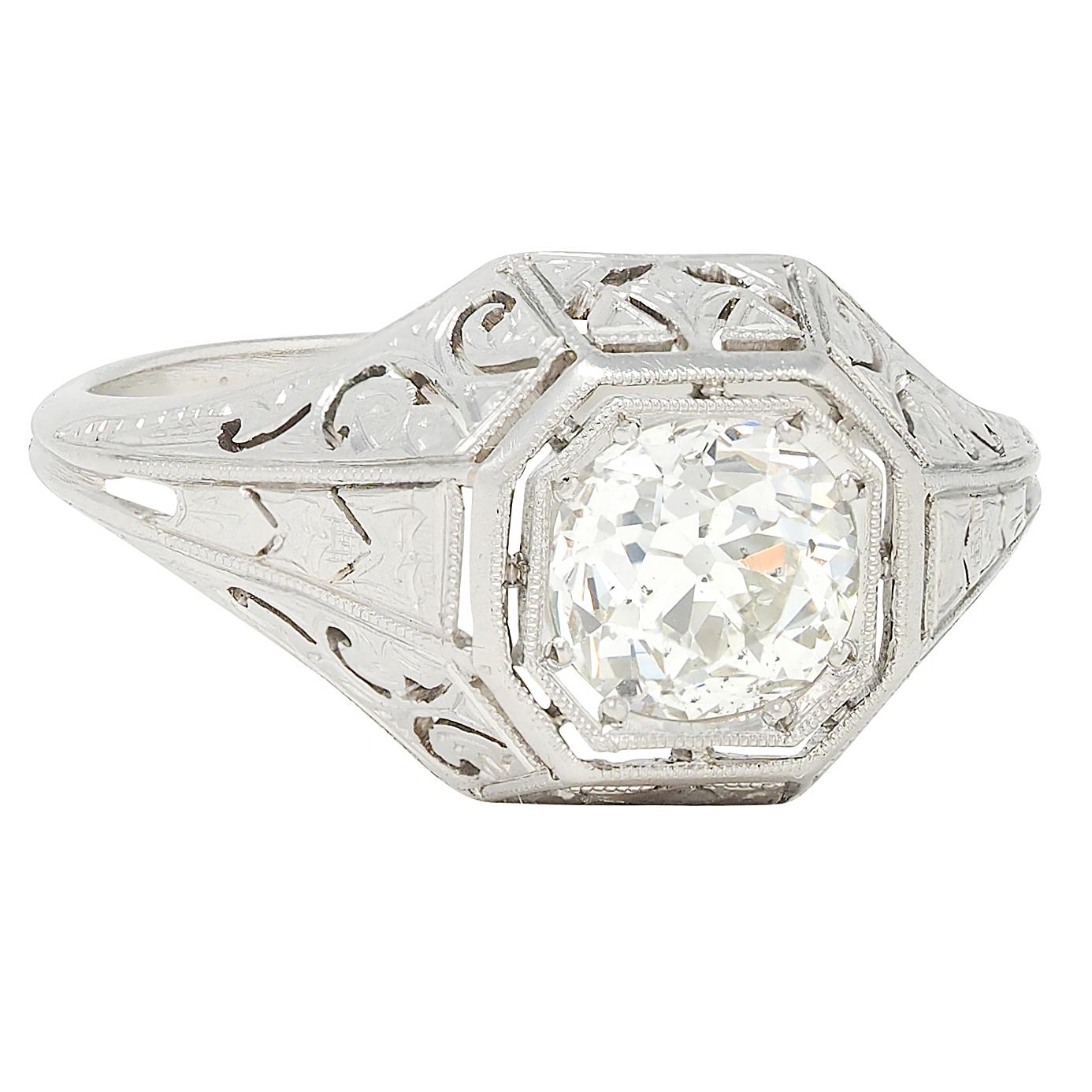 Art Deco 0.93 CTW Old Mine Diamond Platinum Vintage Solitaire Engagement Ring