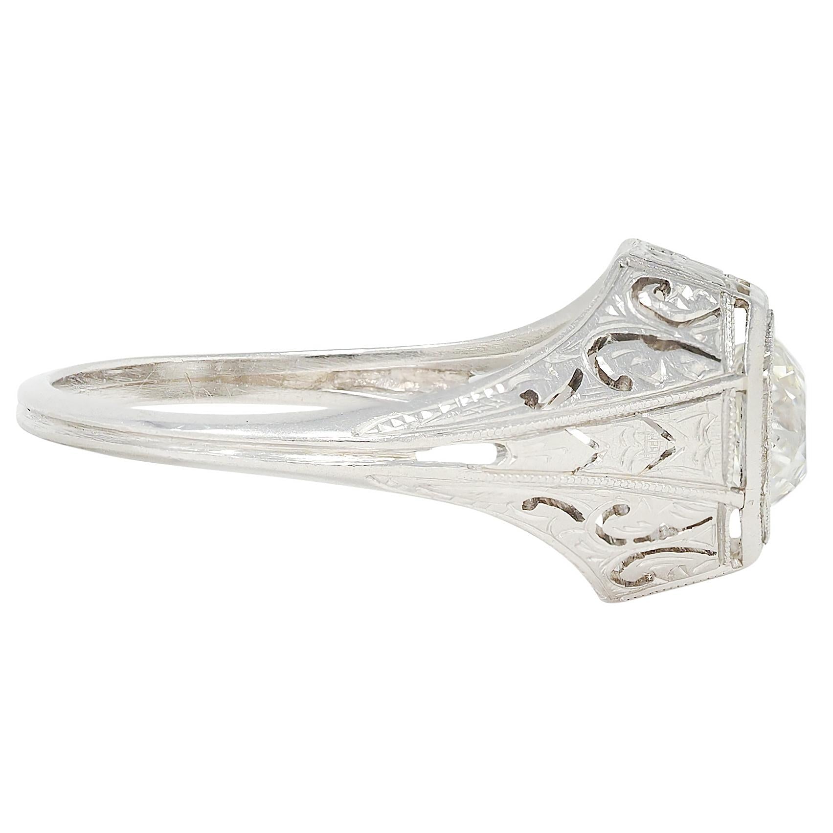 Art Deco 0.93 CTW Old Mine Diamond Platinum Vintage Solitaire Engagement Ring