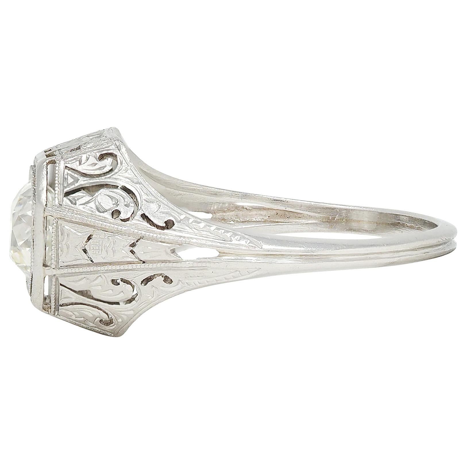 Art Deco 0.93 CTW Old Mine Diamond Platinum Vintage Solitaire Engagement Ring