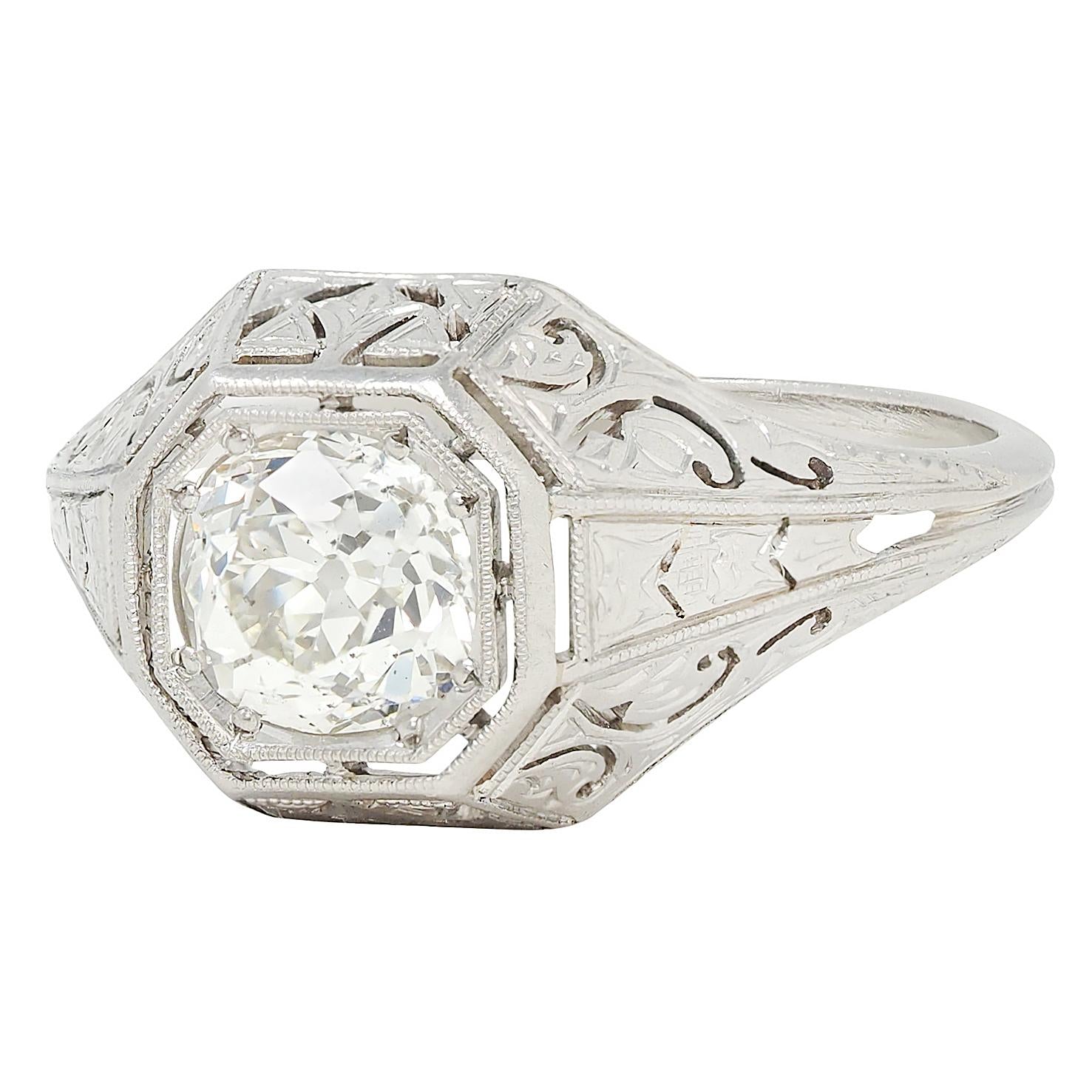 Art Deco 0.93 CTW Old Mine Diamond Platinum Vintage Solitaire Engagement Ring