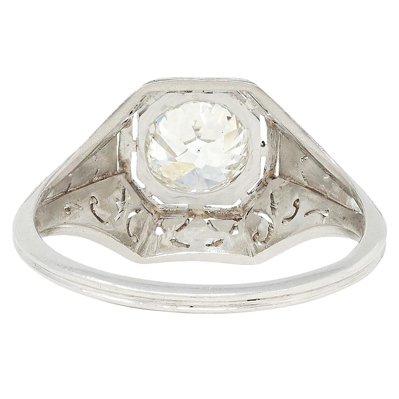 Art Deco 0.93 CTW Old Mine Diamond Platinum Vintage Solitaire Engagement Ring