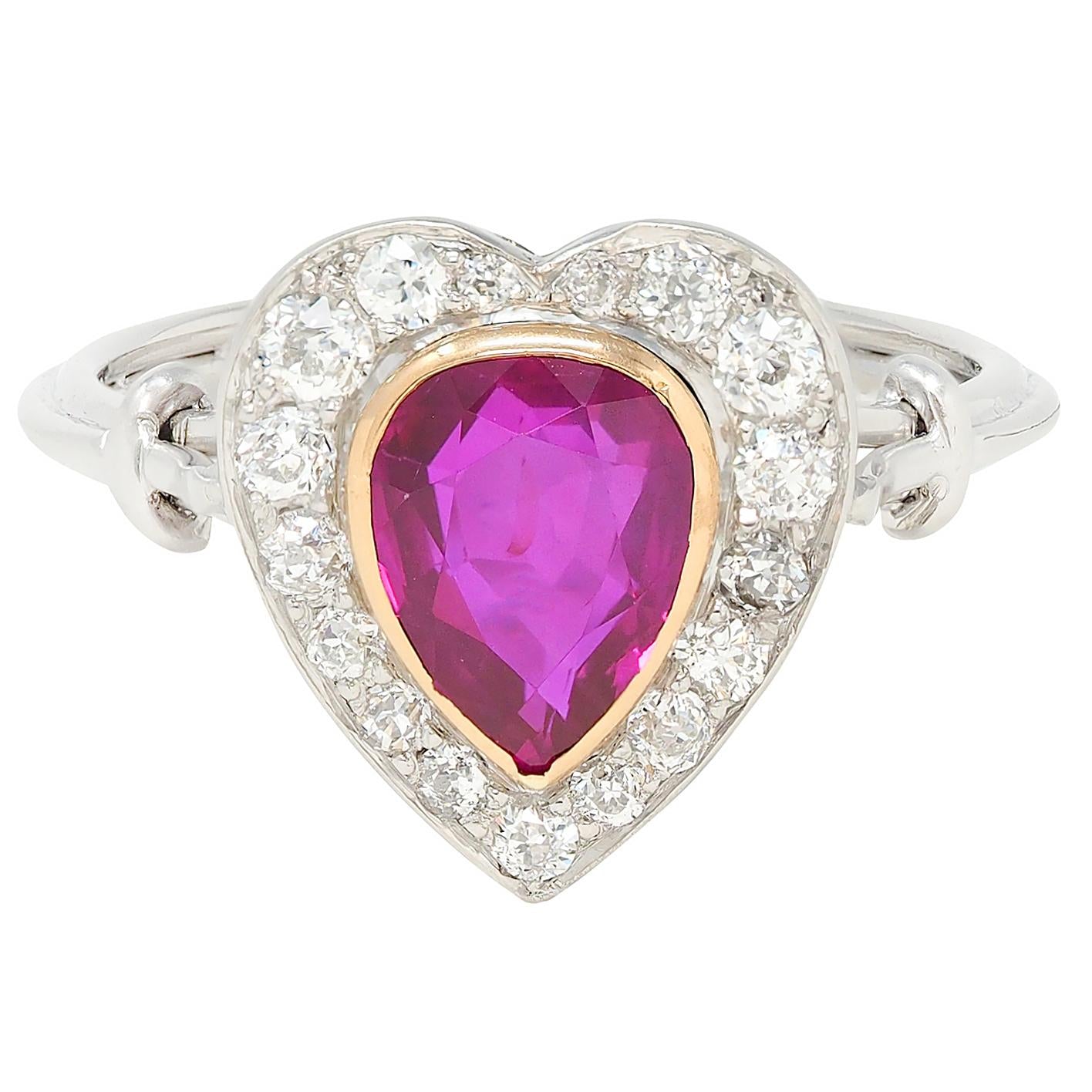 Edwardian 2.50 CTW No Heat Burma Ruby Diamond 14K Gold Heart Antique Halo Ring