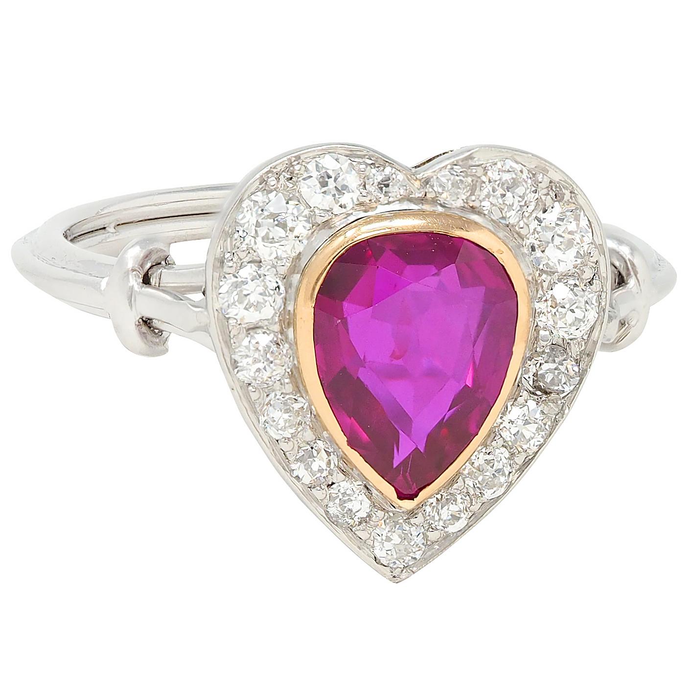 Edwardian 2.50 CTW No Heat Burma Ruby Diamond 14K Gold Heart Antique Halo Ring