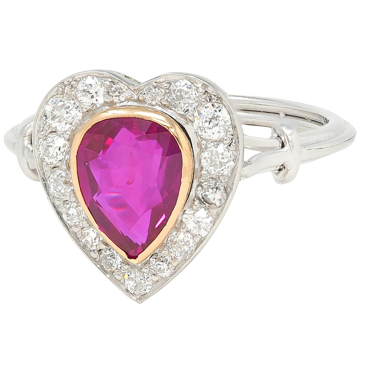 Edwardian 2.50 CTW No Heat Burma Ruby Diamond 14K Gold Heart Antique Halo Ring