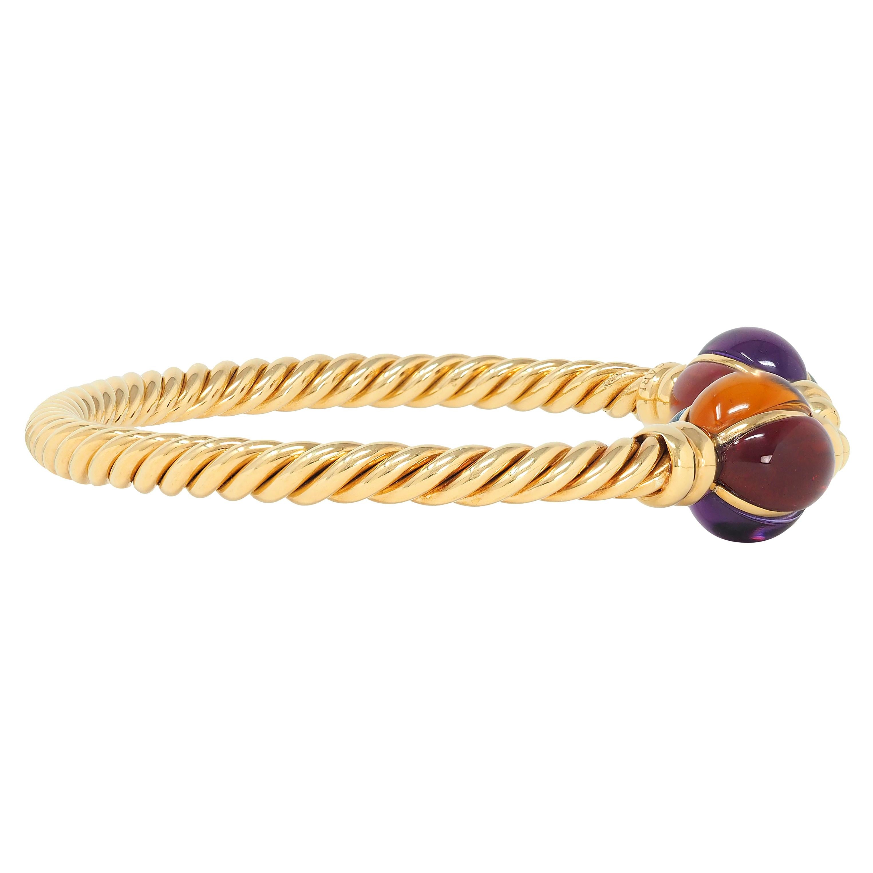 Bulgari 1980's Multi-Gem 18 Karat Yellow Gold Twisted Rope Cuff Bracelet
