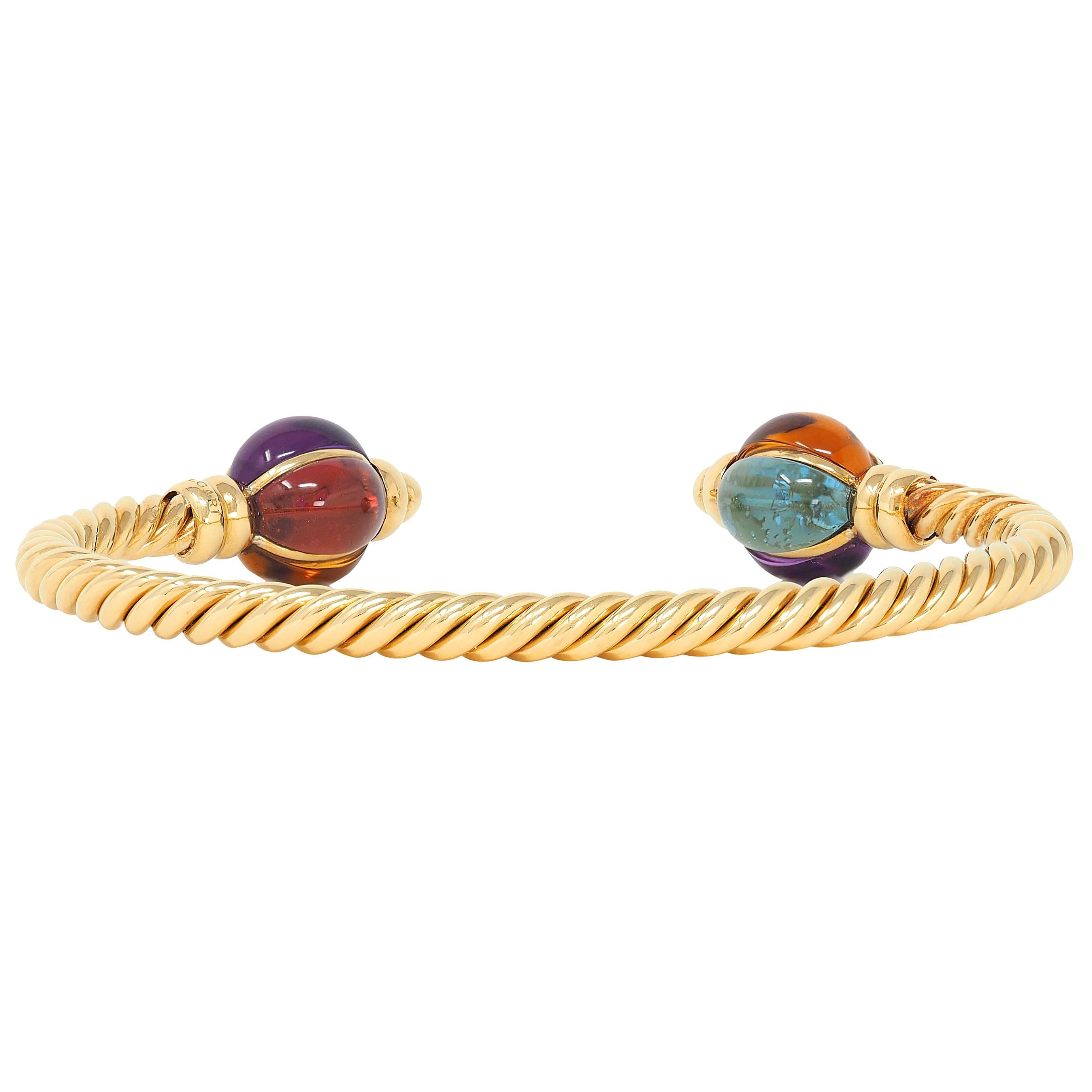 Bulgari 1980's Multi-Gem 18 Karat Yellow Gold Twisted Rope Cuff Bracelet