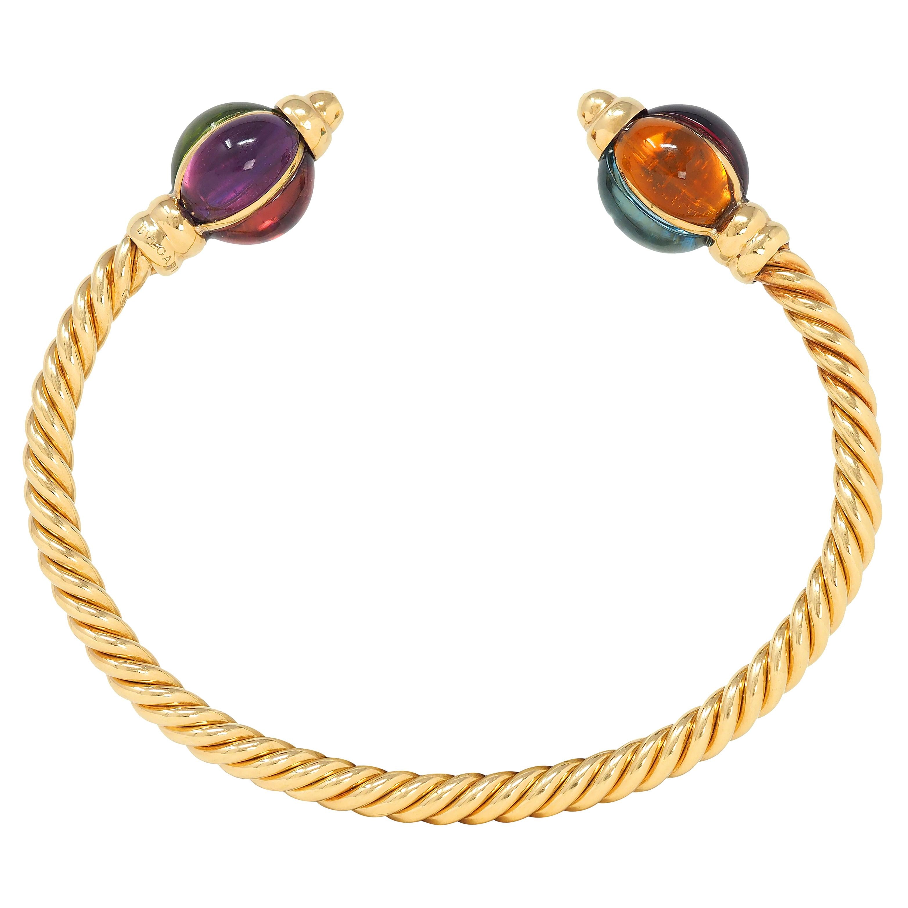 Bulgari 1980's Multi-Gem 18 Karat Yellow Gold Twisted Rope Cuff Bracelet