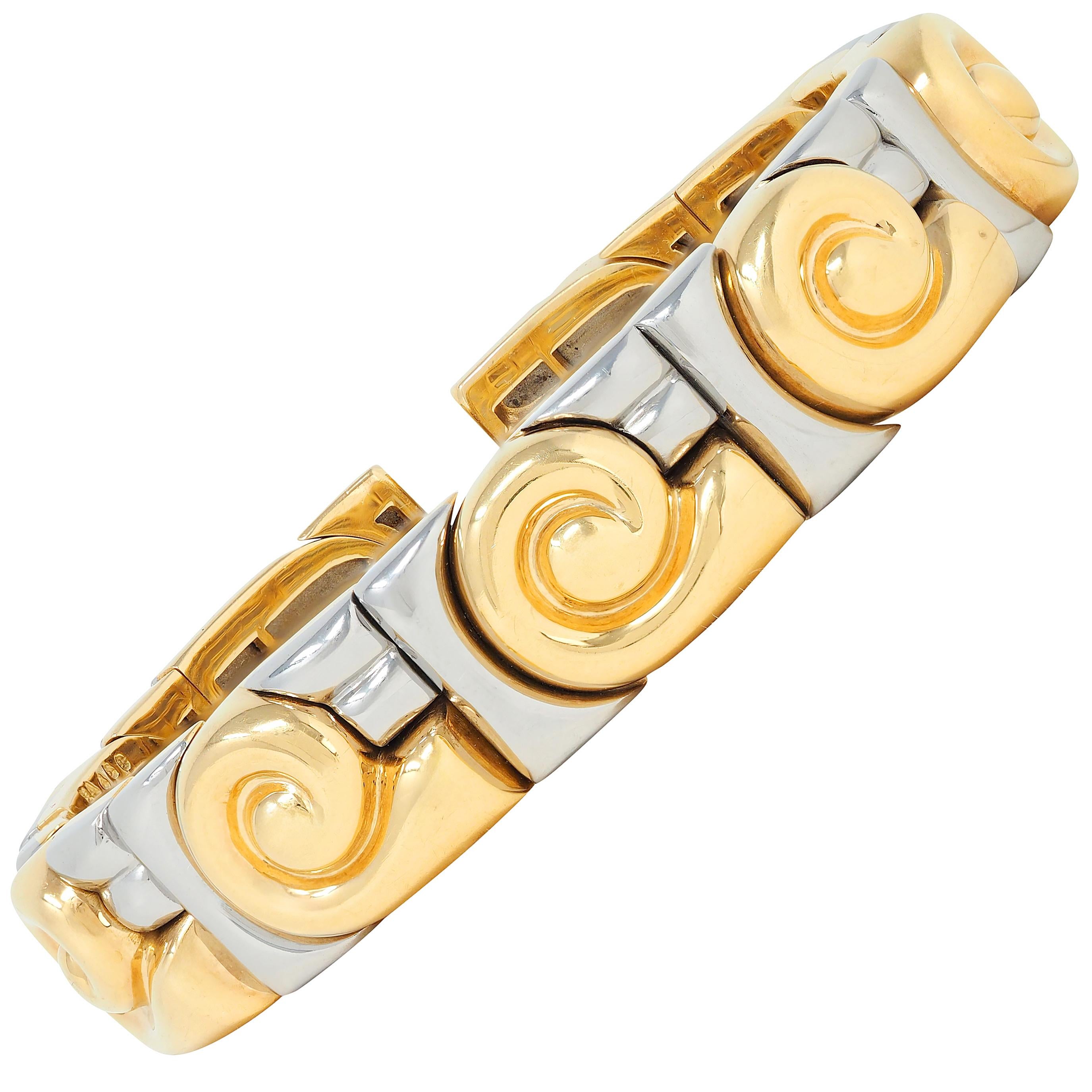 Bulgari 1990's 18K Gold Stainless Steel Vintage Saetta Swirl Cuff Bracelet