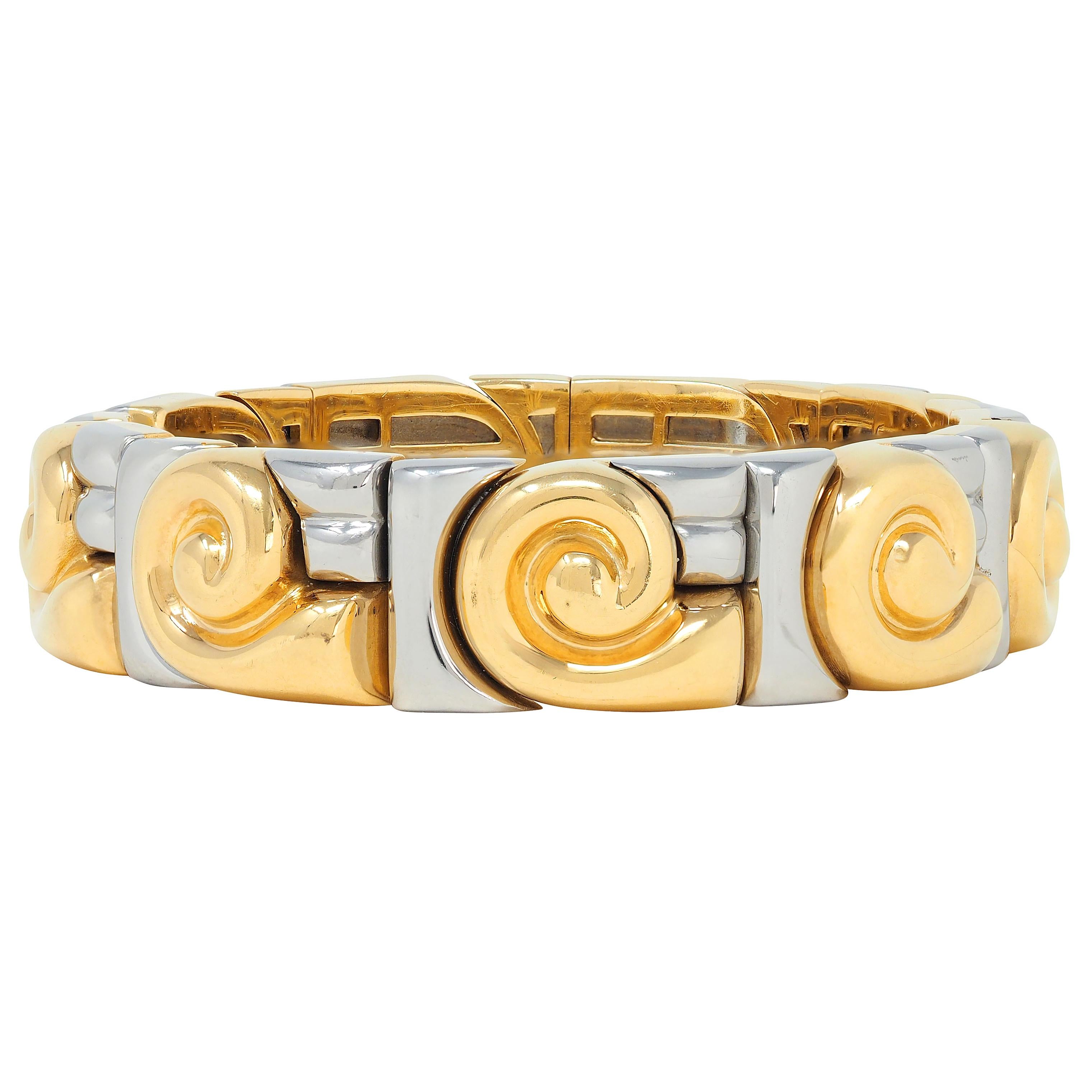 Bulgari 1990's 18K Gold Stainless Steel Vintage Saetta Swirl Cuff Bracelet