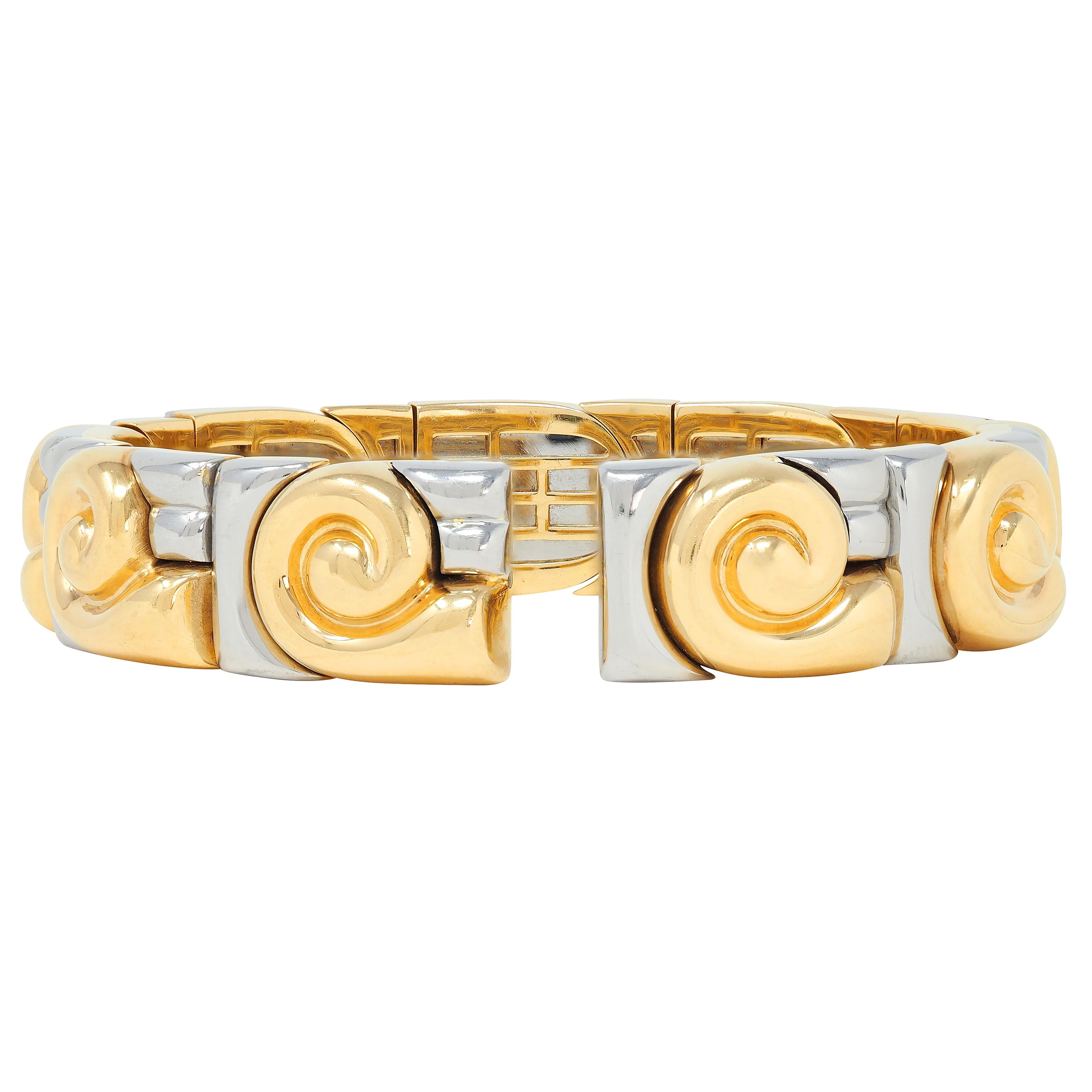 Bulgari 1990's 18K Gold Stainless Steel Vintage Saetta Swirl Cuff Bracelet