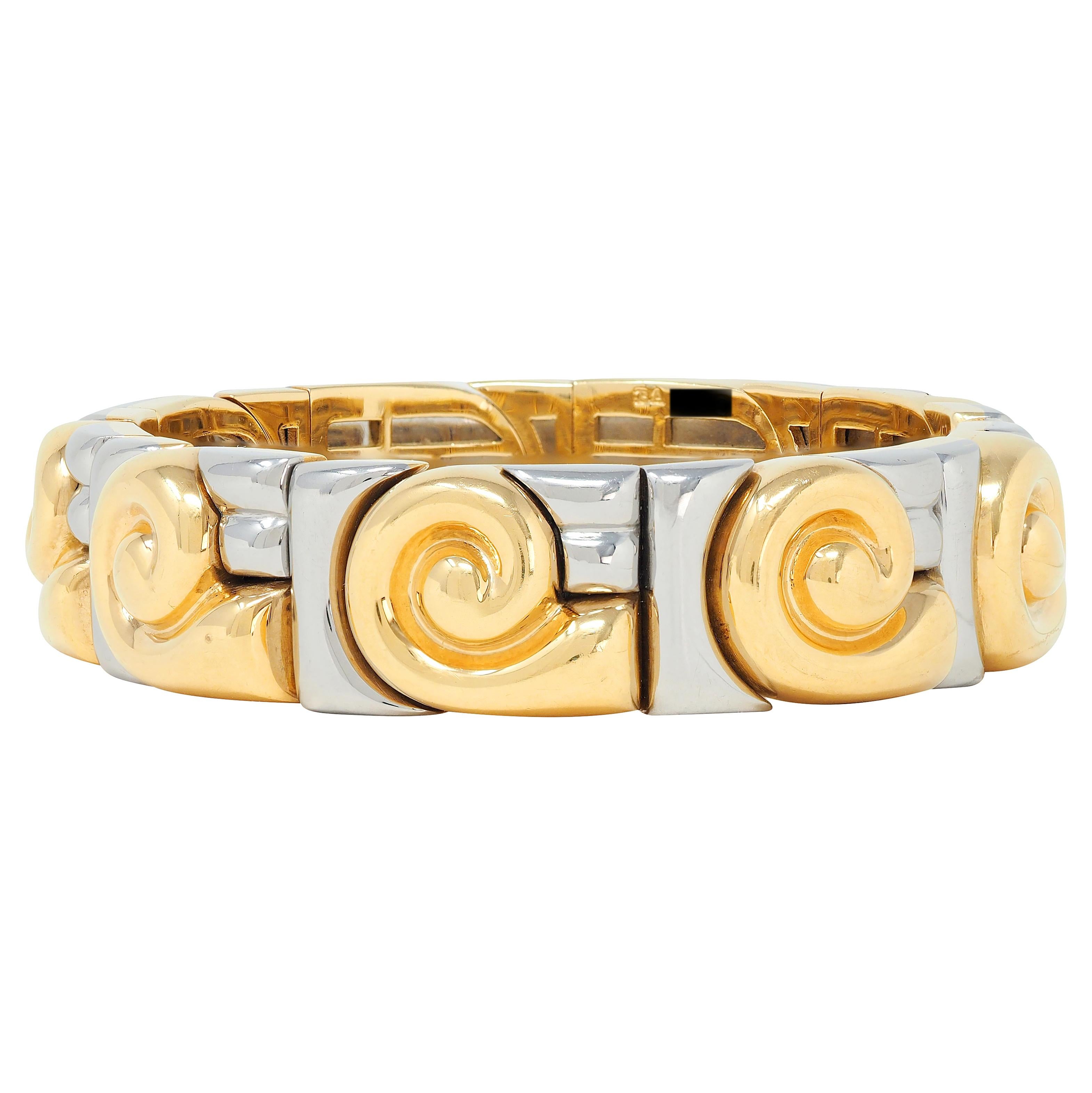 Bulgari 1990's 18K Gold Stainless Steel Vintage Saetta Swirl Cuff Bracelet