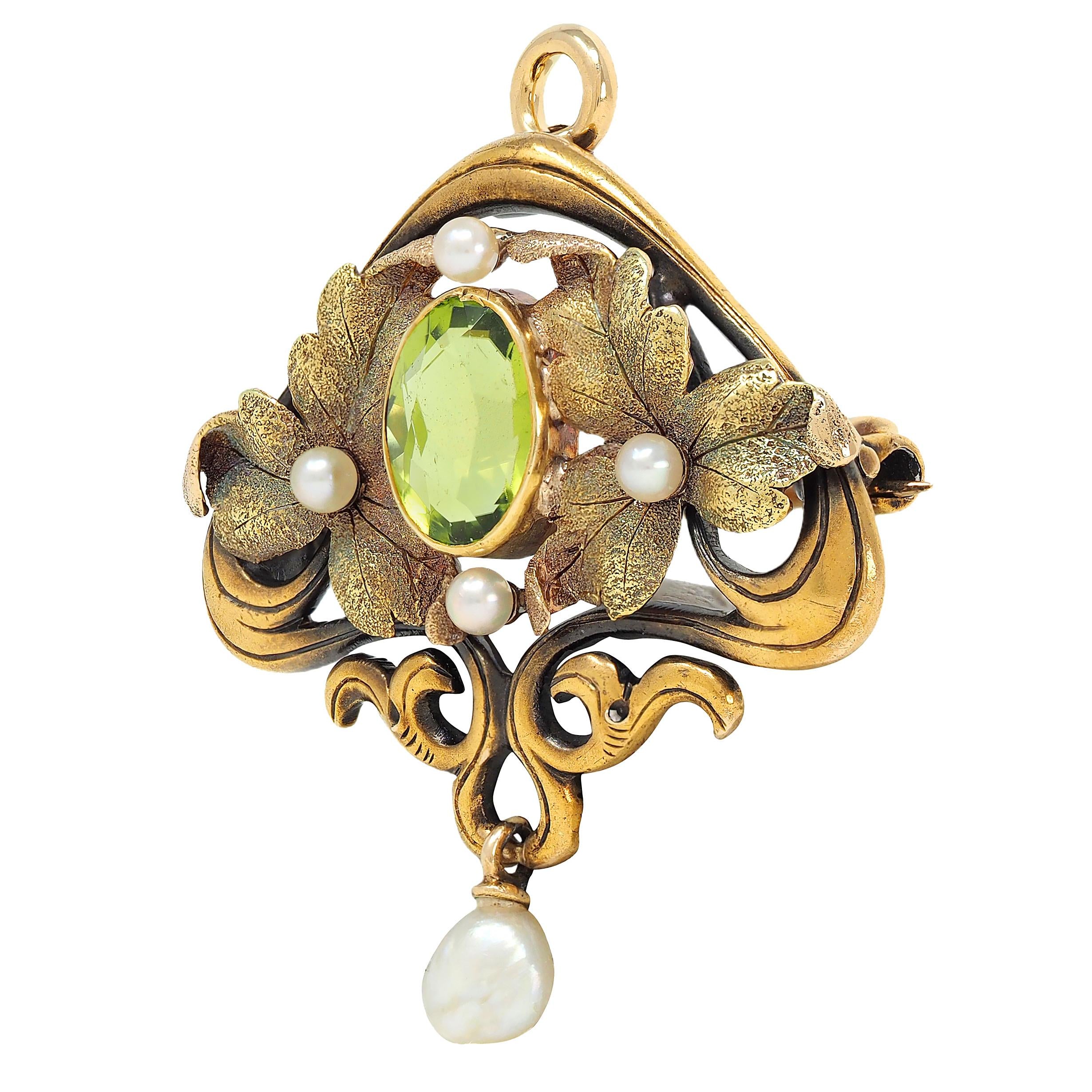 Hedges Art Nouveau Peridot Pearl 14 Karat Yellow Gold Antique Pendant Brooch