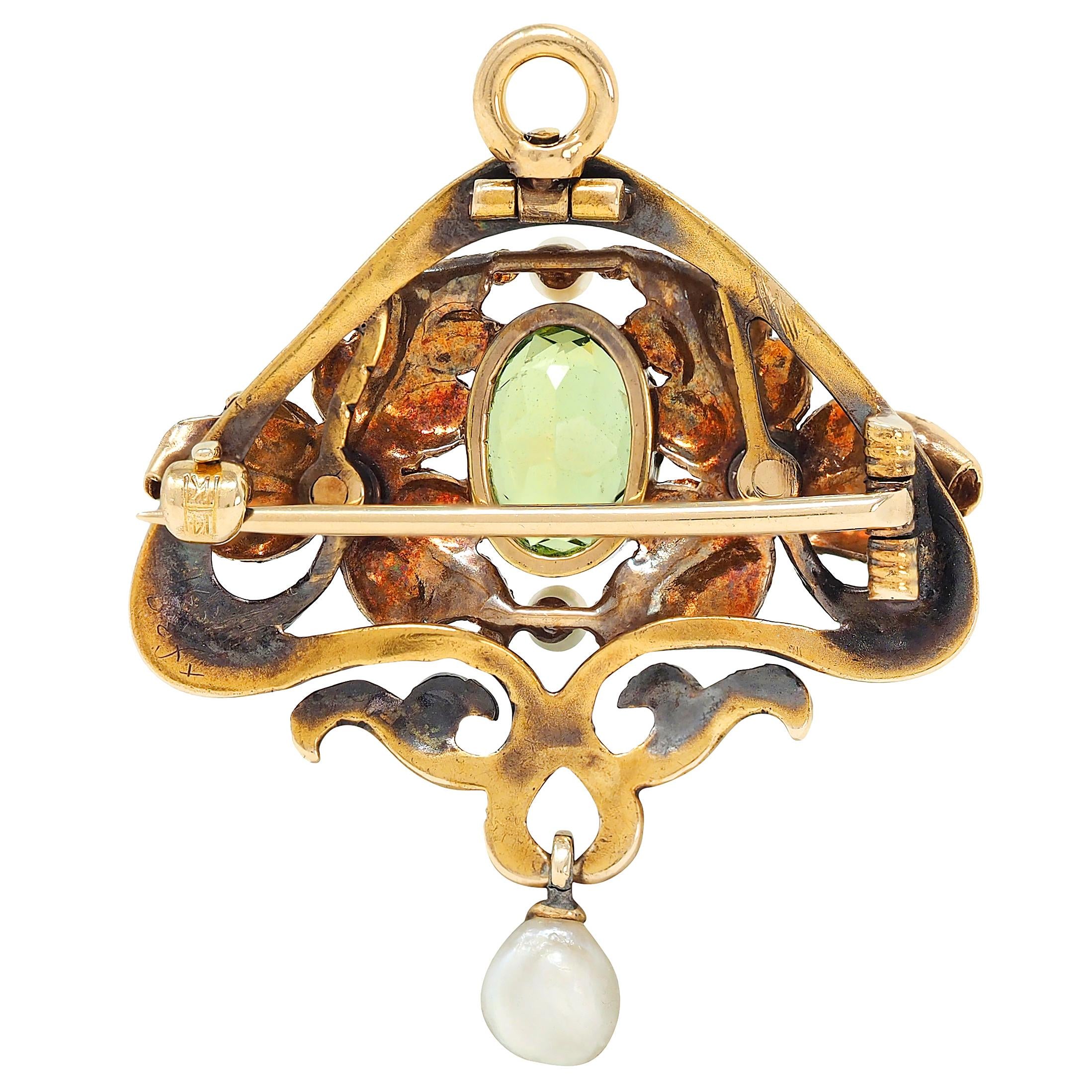 Hedges Art Nouveau Peridot Pearl 14 Karat Yellow Gold Antique Pendant Brooch