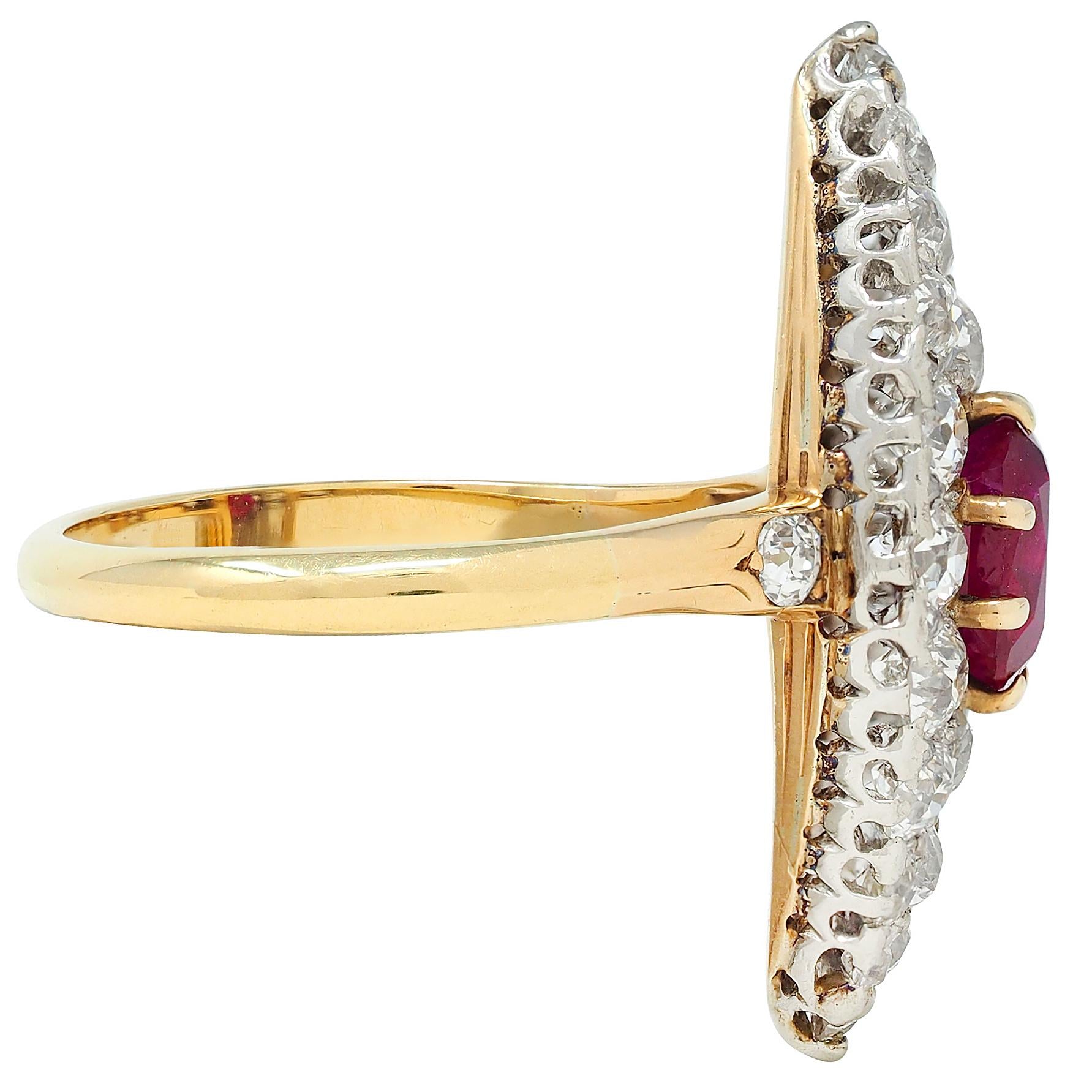 Edwardian Burma Ruby Diamond 18K Yellow Gold Antique Cluster Navette Ring