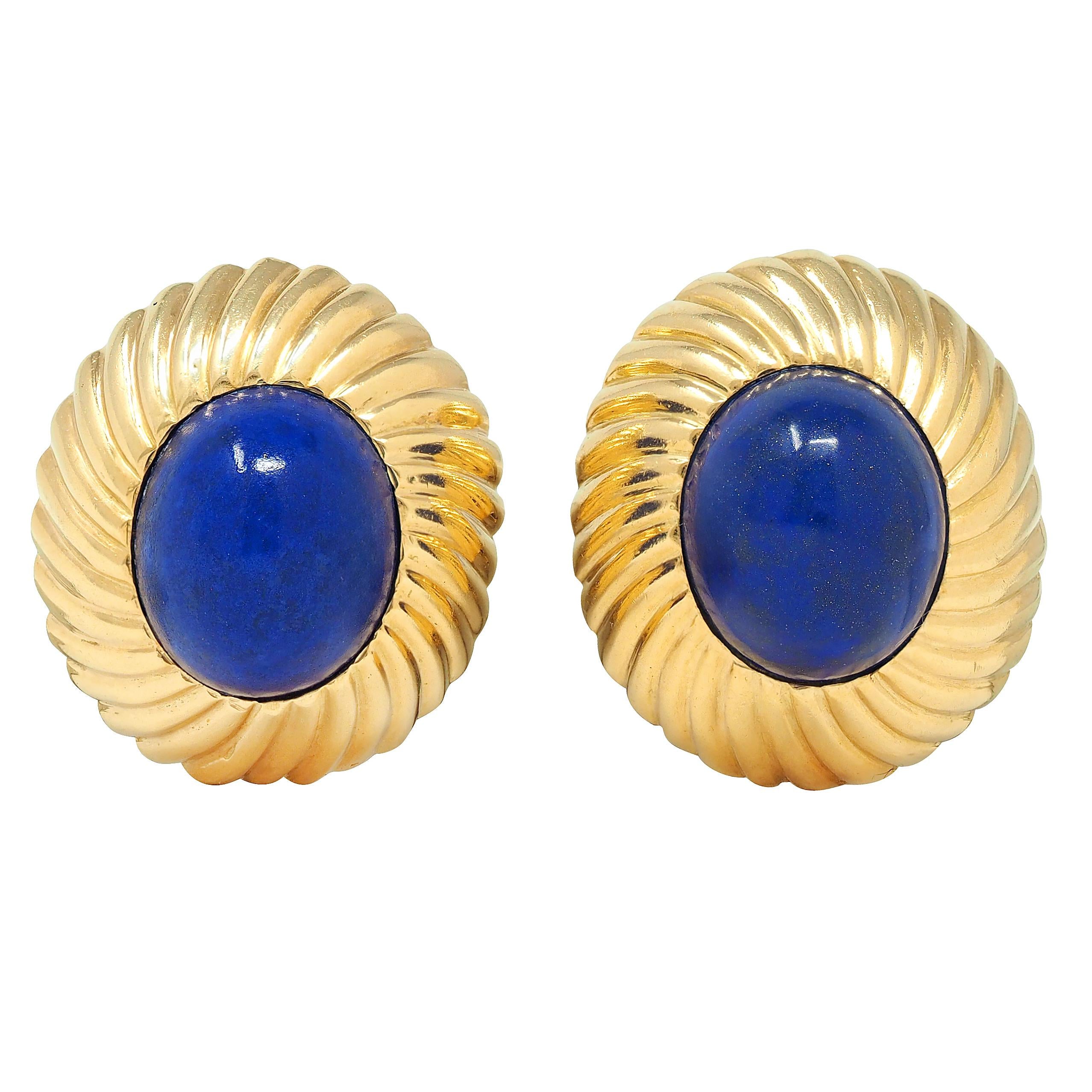 Cartier 1960's Lapis Lazuli 18K Yellow Gold Vintage Radial Ear-Clip Earrings
