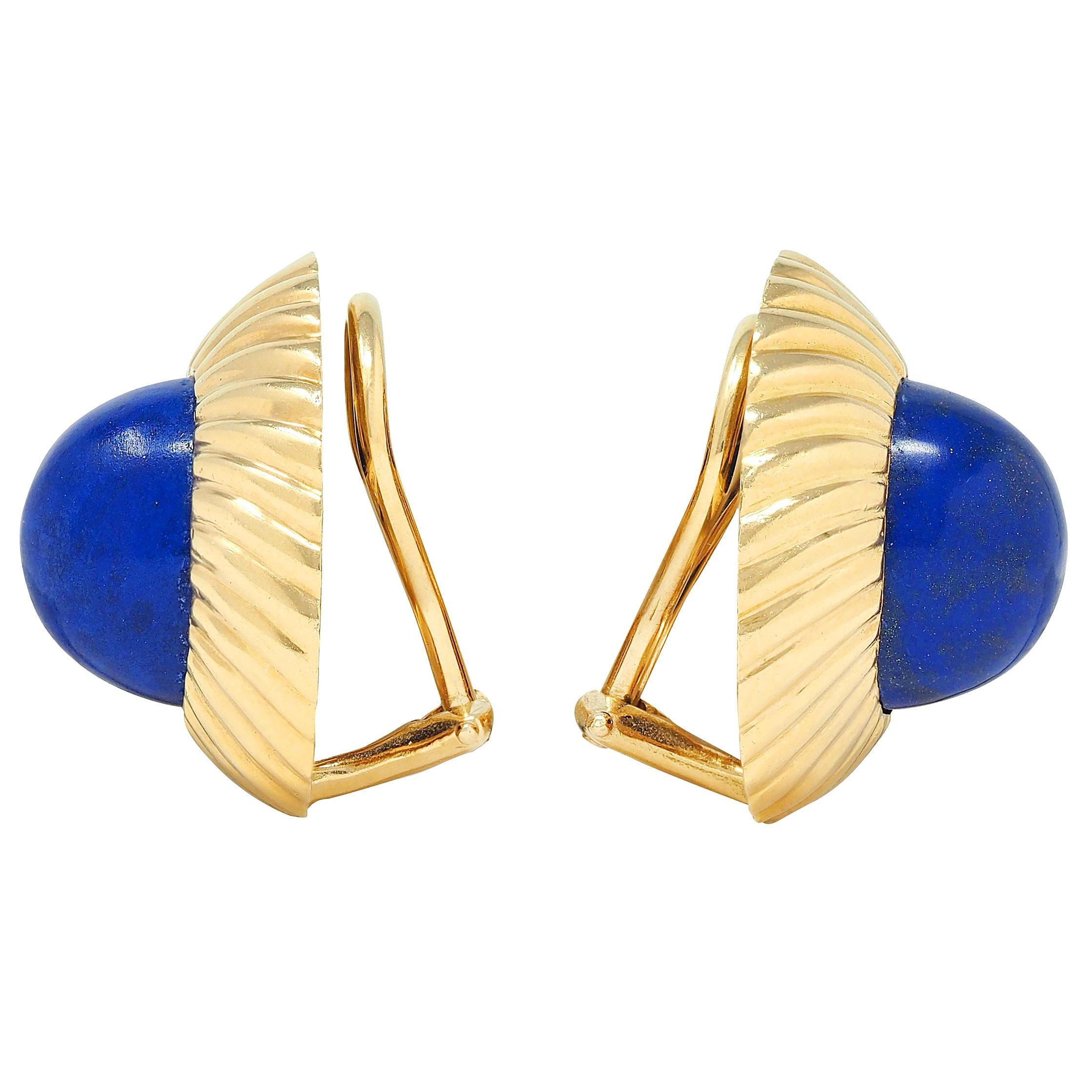 Cartier 1960's Lapis Lazuli 18K Yellow Gold Vintage Radial Ear-Clip Earrings