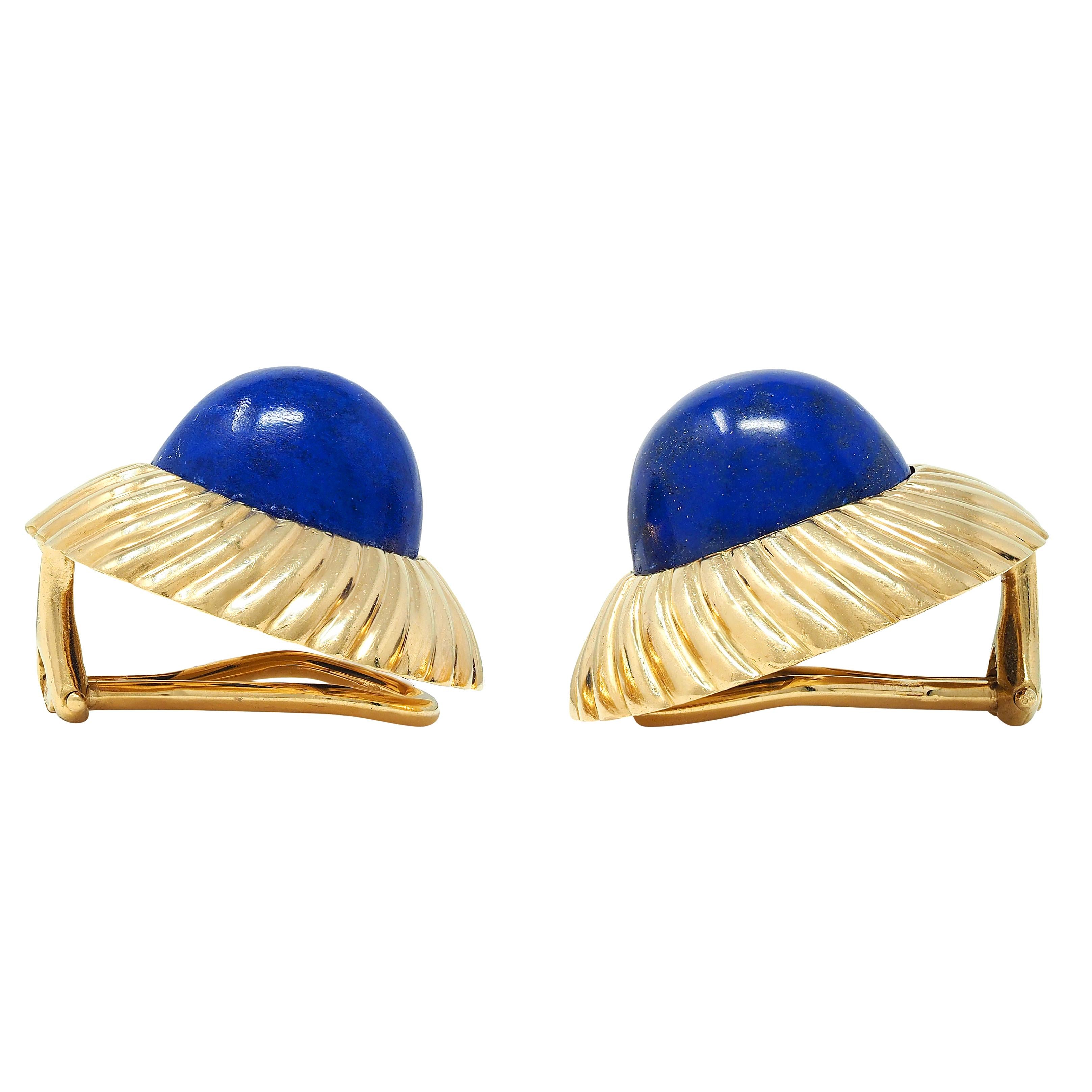 Cartier 1960's Lapis Lazuli 18K Yellow Gold Vintage Radial Ear-Clip Earrings