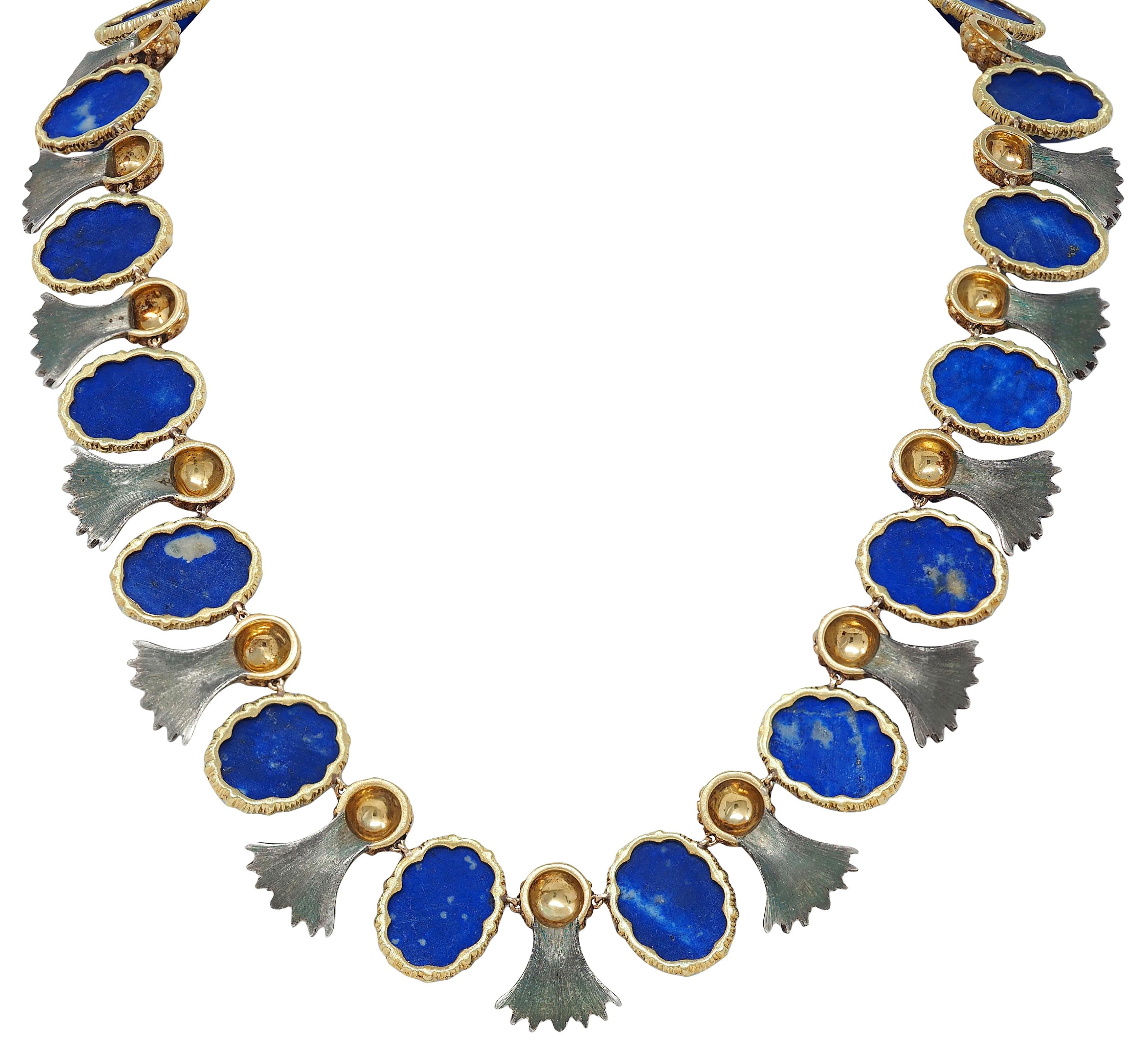 Buccellati 1960's Lapis Lazuli 18K Gold Silver Vintage Pineapple Fringe Necklace