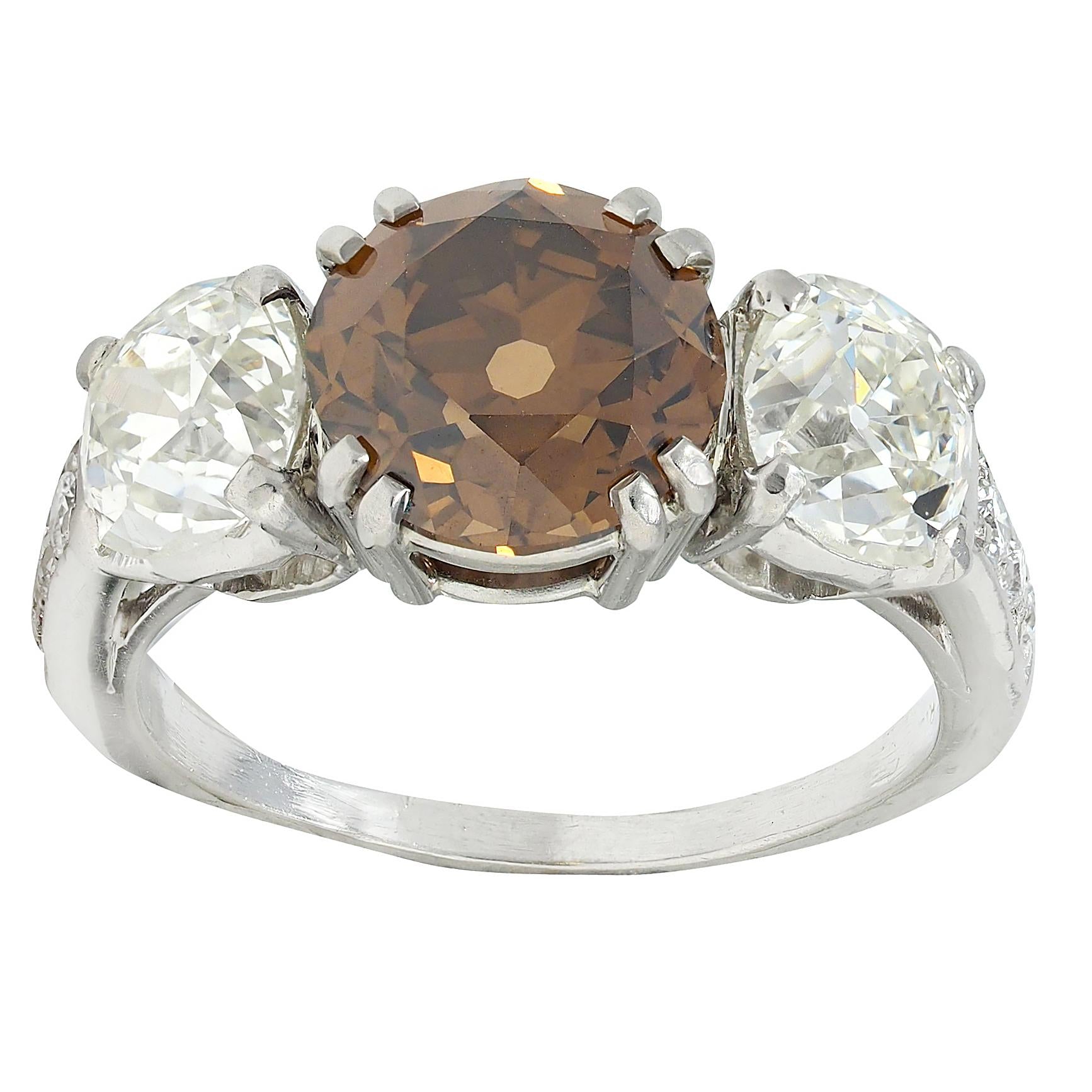 Mid-Century 4.25 CTW Fancy Orangy Brown Diamond Platinum Vintage Engagement Ring