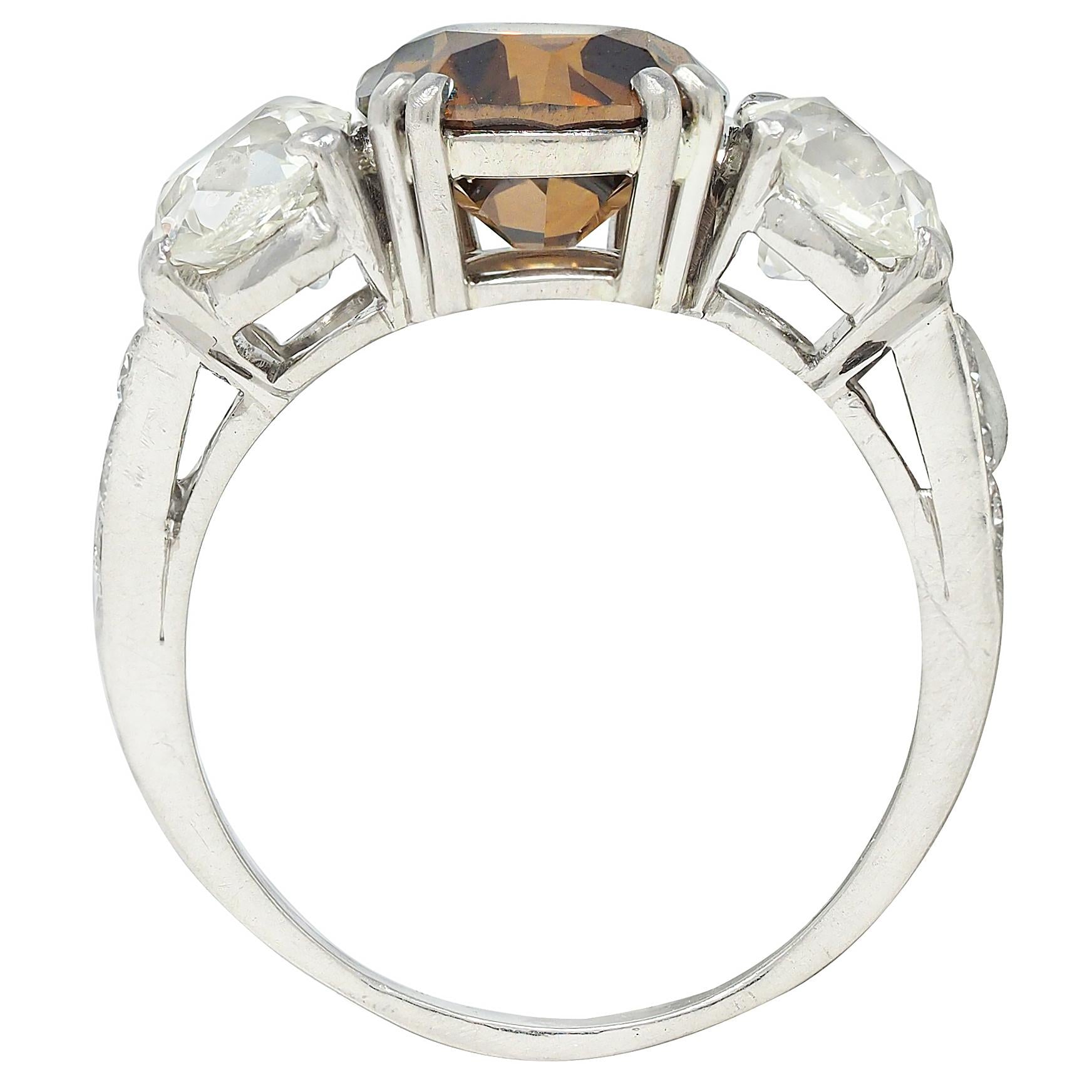 Mid-Century 4.25 CTW Fancy Orangy Brown Diamond Platinum Vintage Engagement Ring