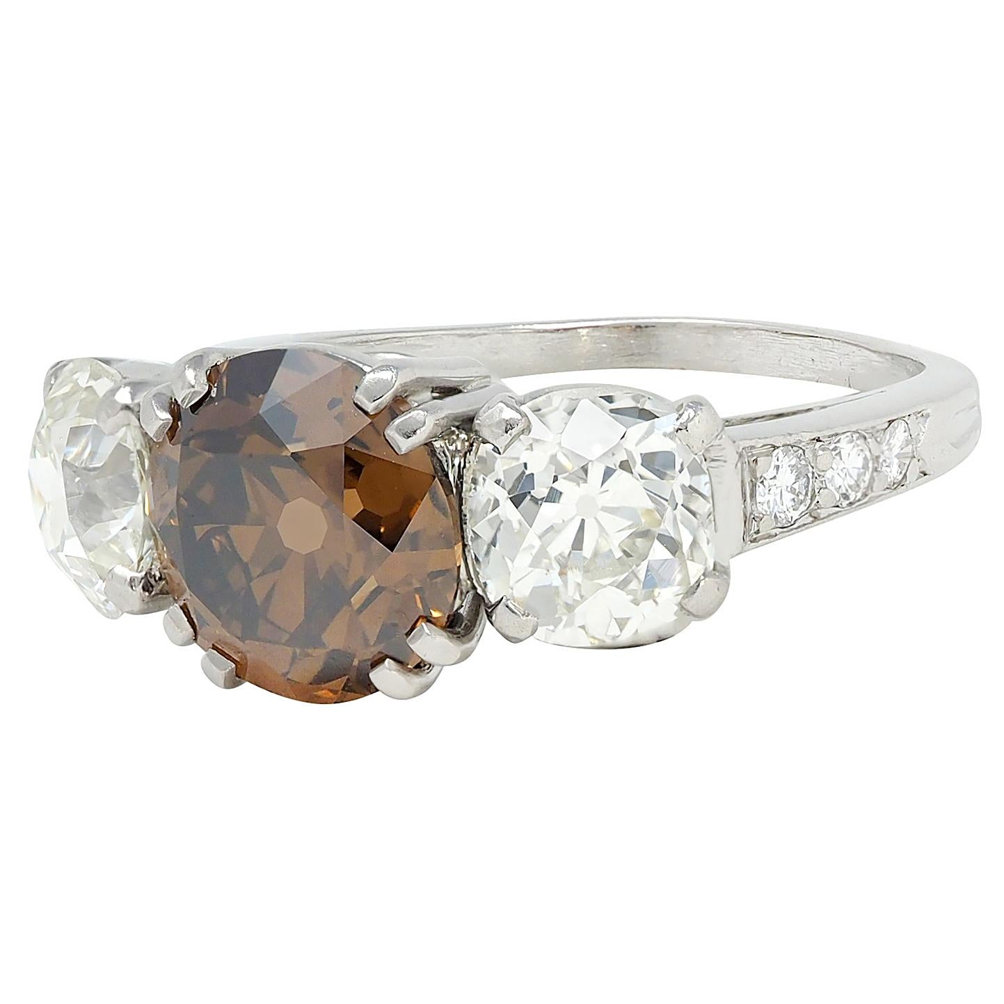 Mid-Century 4.25 CTW Fancy Orangy Brown Diamond Platinum Vintage Engagement Ring