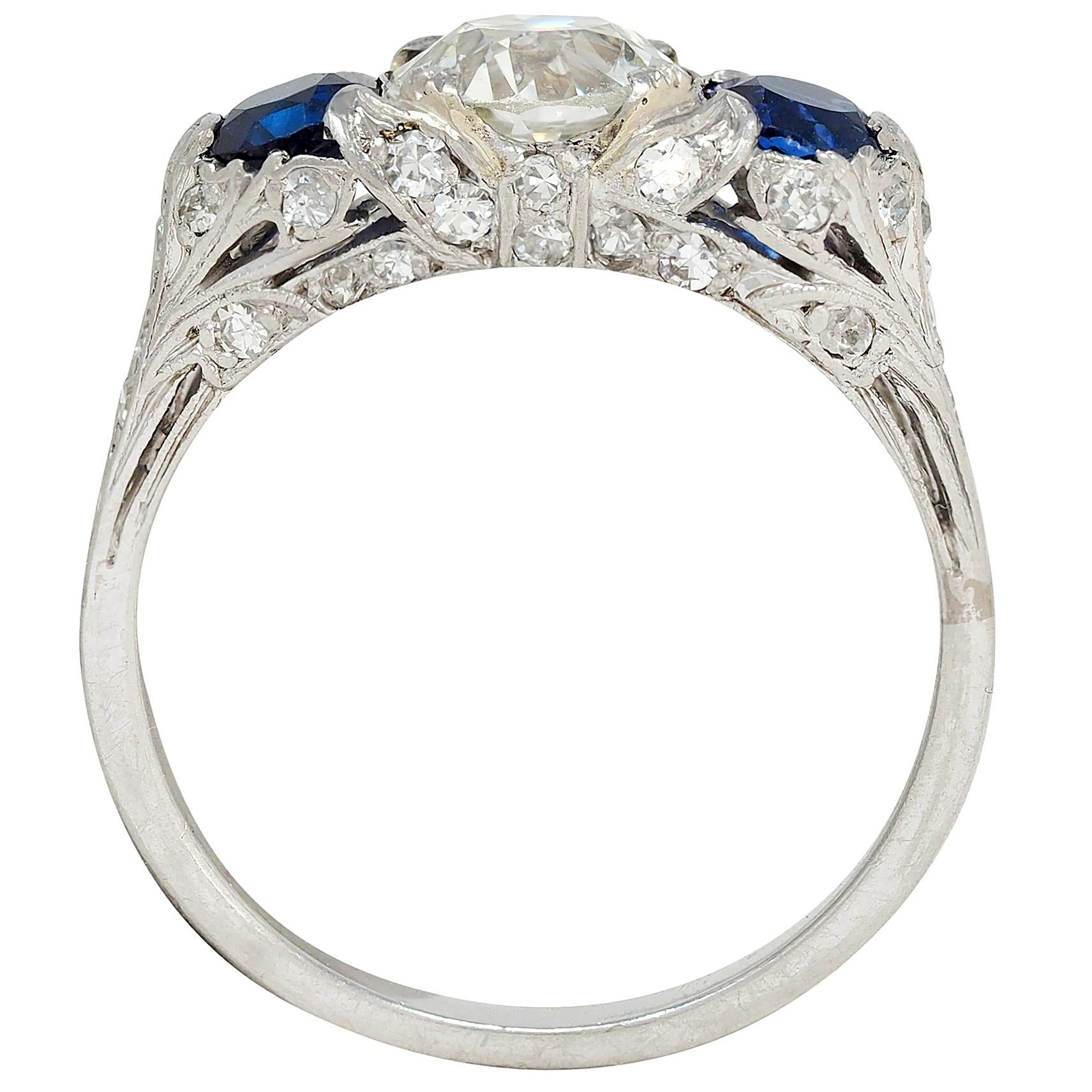 Edwardian 2.10 CTW Sapphire Diamond Platinum Antique Foliate Three Stone Ring
