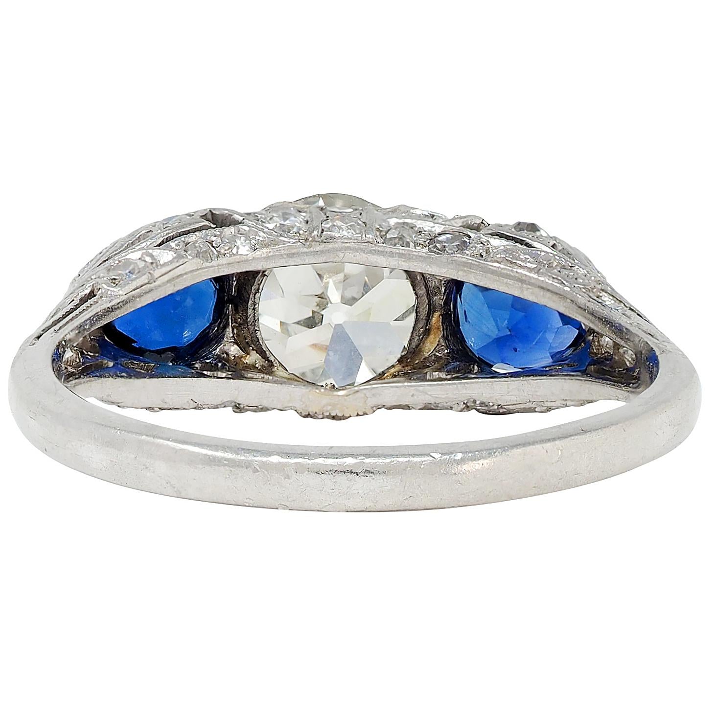 Edwardian 2.10 CTW Sapphire Diamond Platinum Antique Foliate Three Stone Ring